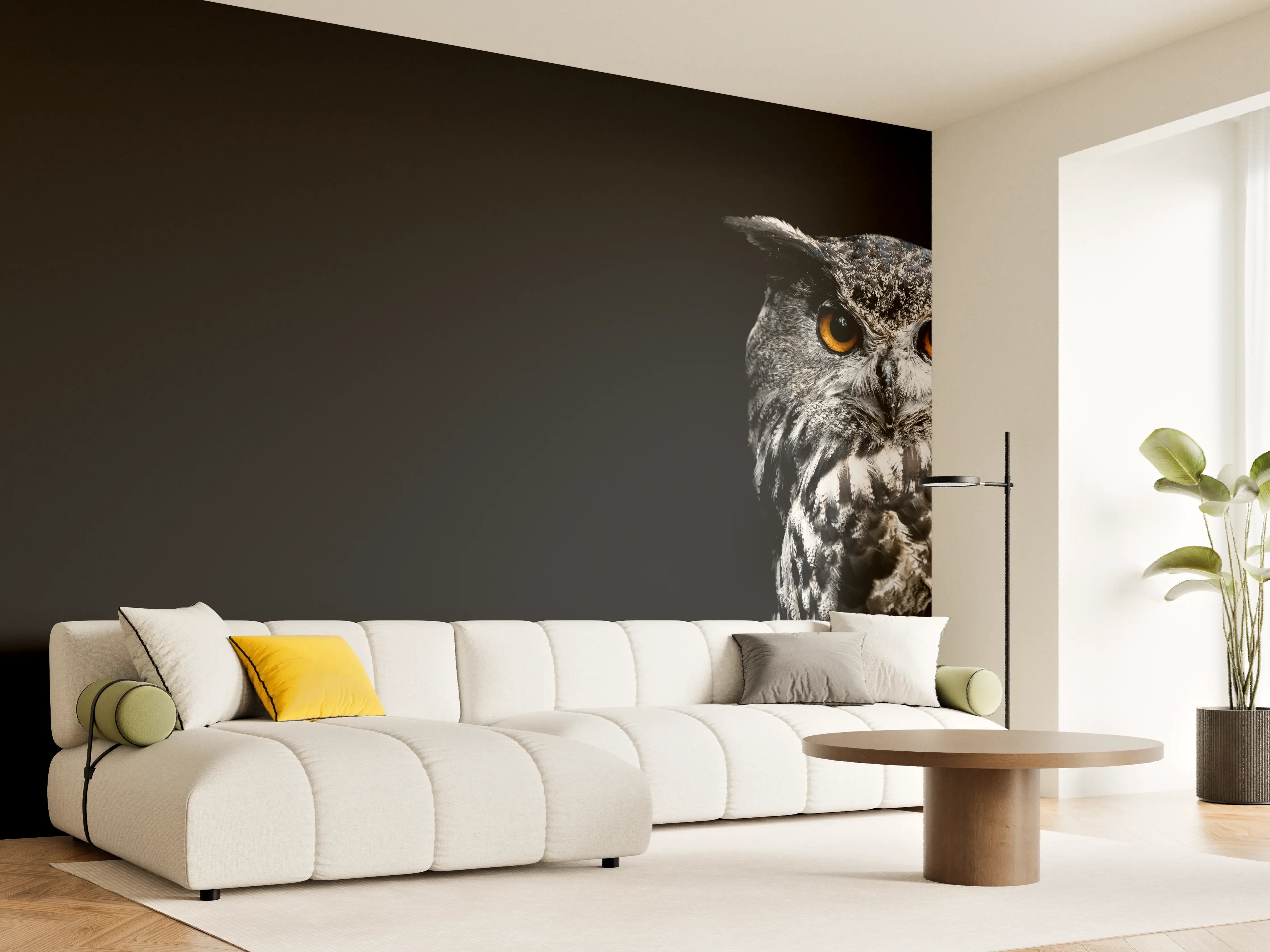 Wandverkleidung Wohnzimmer - Uhu auf schwarzem Hintergrund