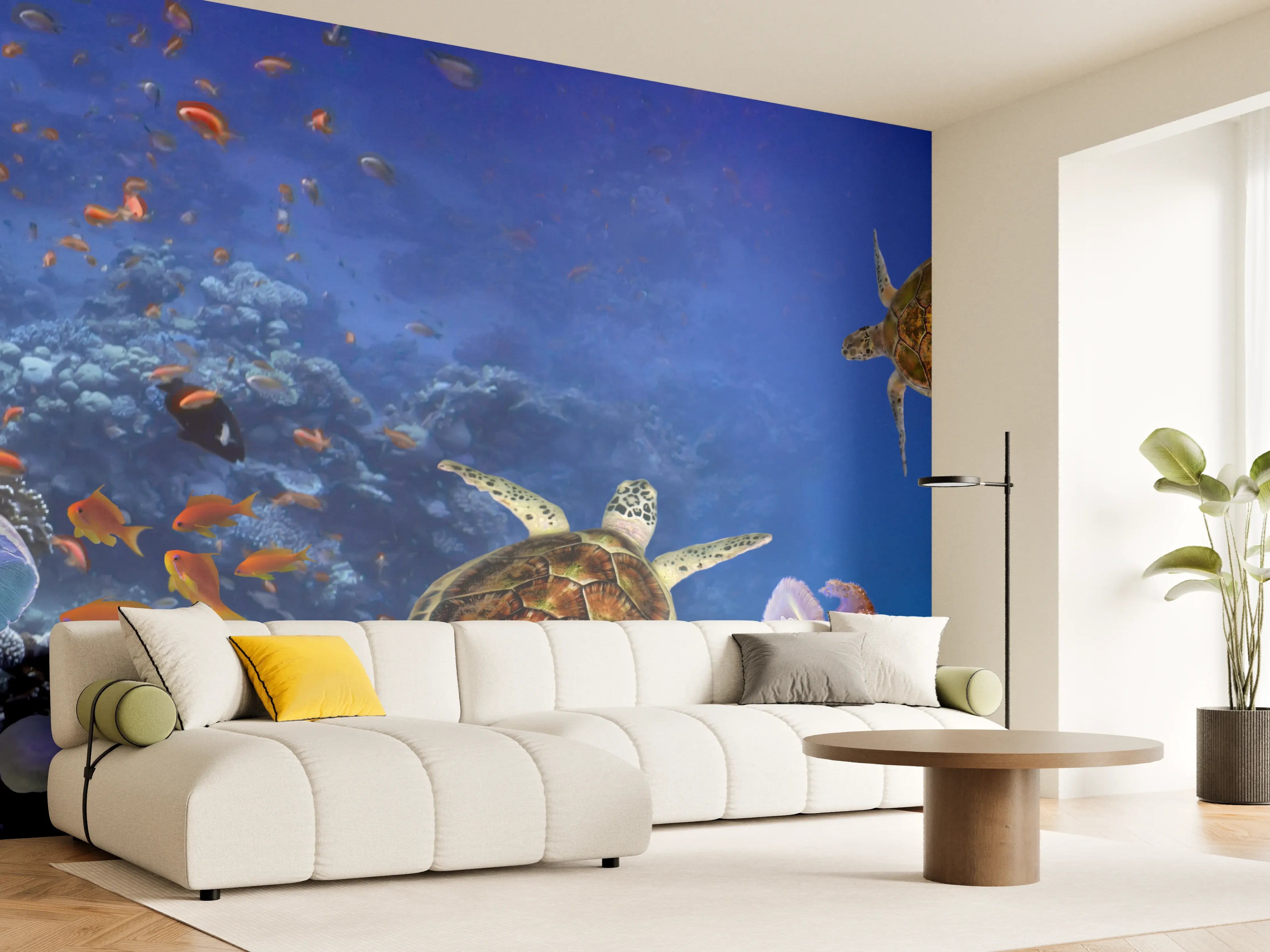 Wandverkleidung Wohnzimmer - Unterwasser-Panorama mit Schildkröte