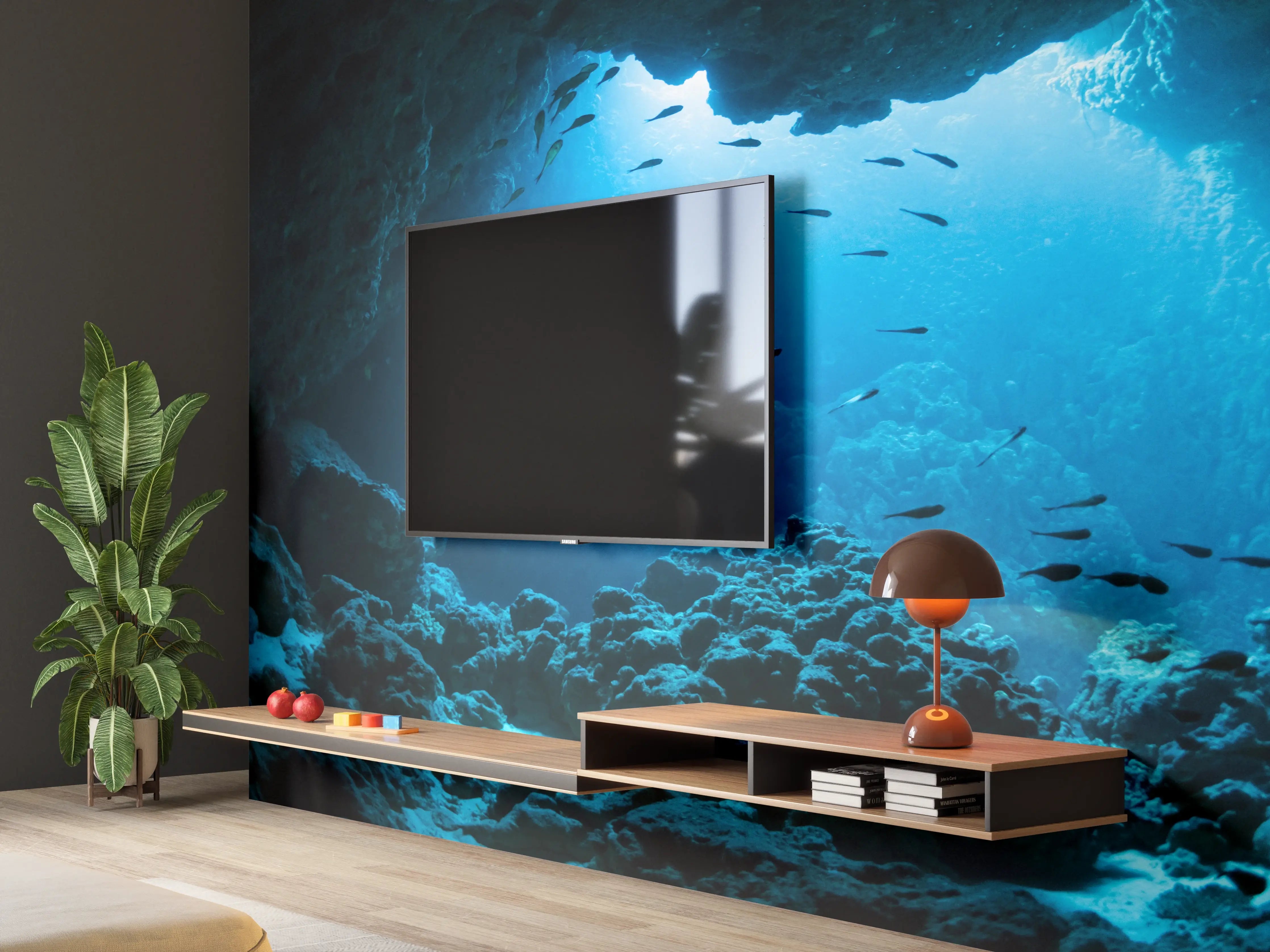 Wandverkleidung Wohnzimmer - Unterwasserhöhle mit Meeresbewohnern