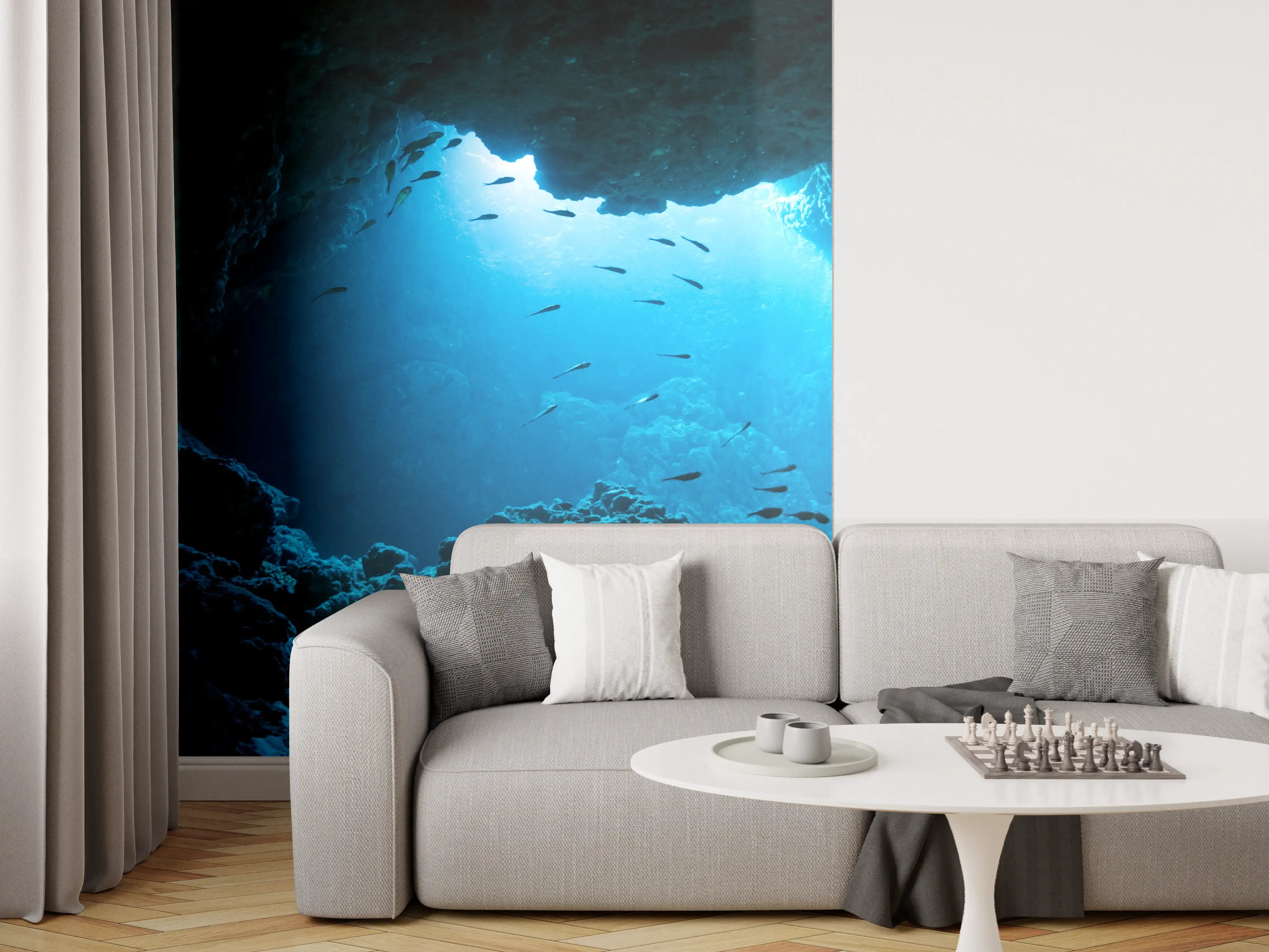 Wandverkleidung Wohnzimmer - Unterwasserhöhle mit Meeresbewohnern
