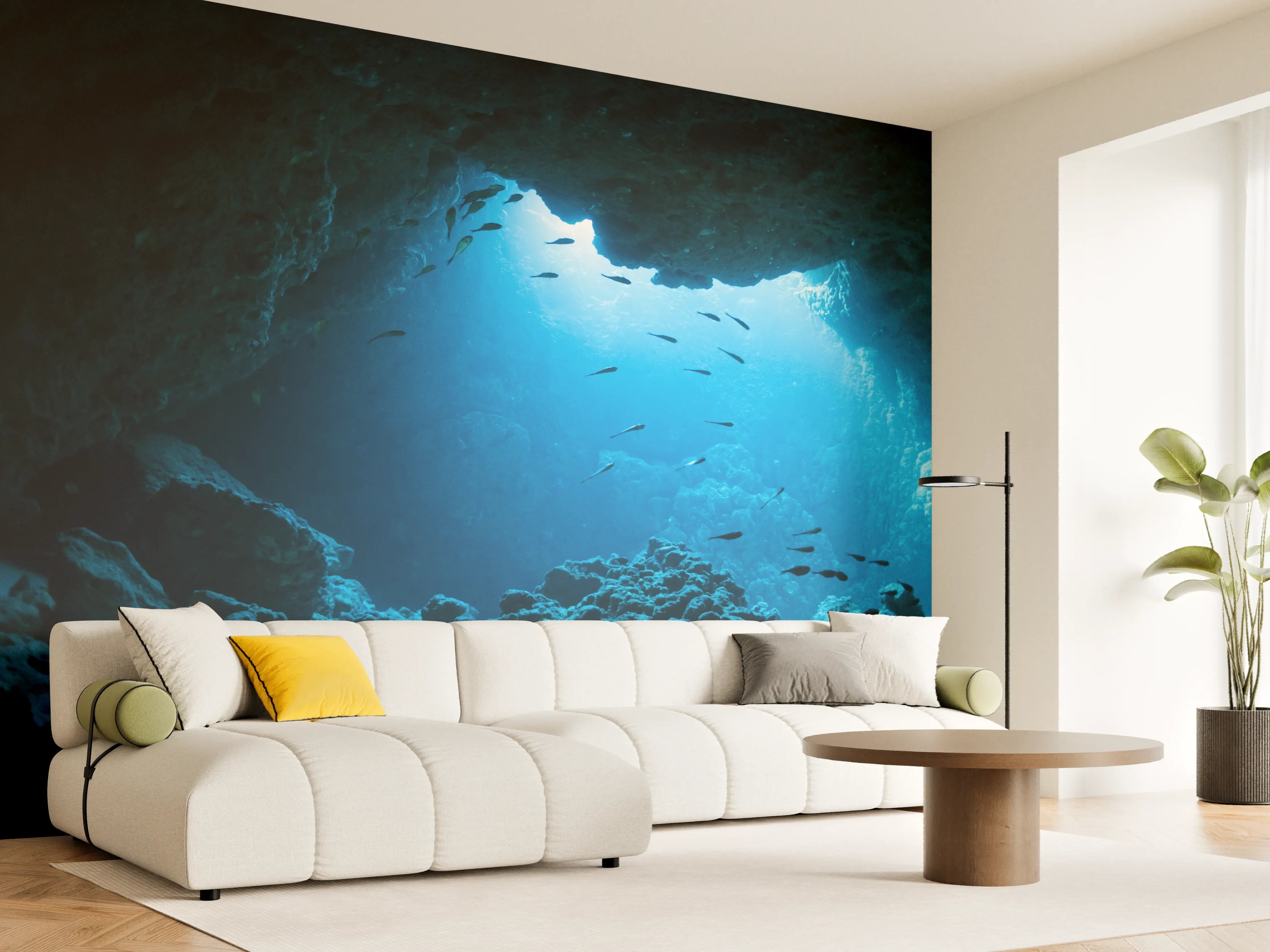 Wandverkleidung Wohnzimmer - Unterwasserhöhle mit Meeresbewohnern