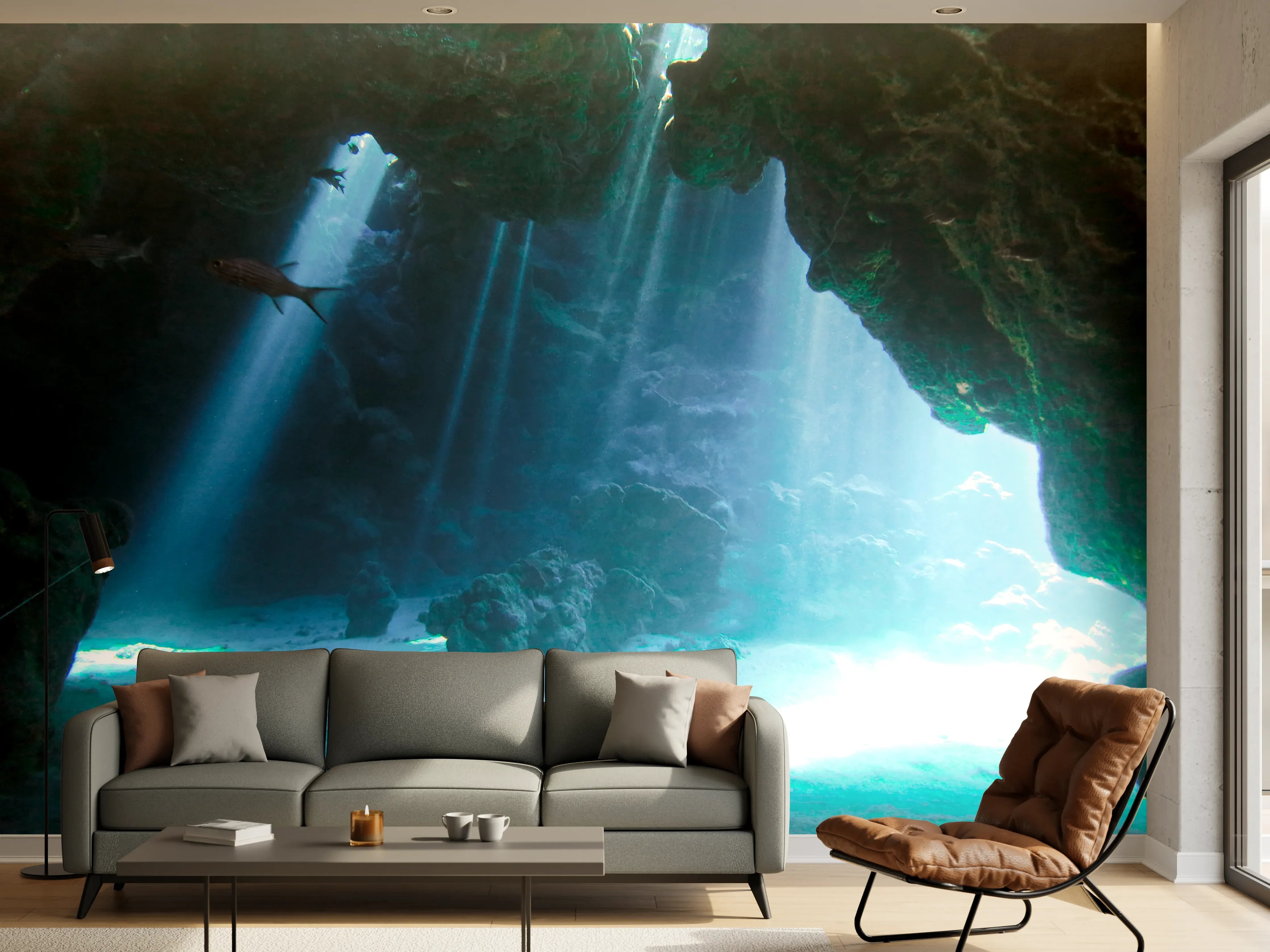 Wandverkleidung Wohnzimmer - Unterwasserhöhle mit Sonnenstrahlen und Fisch