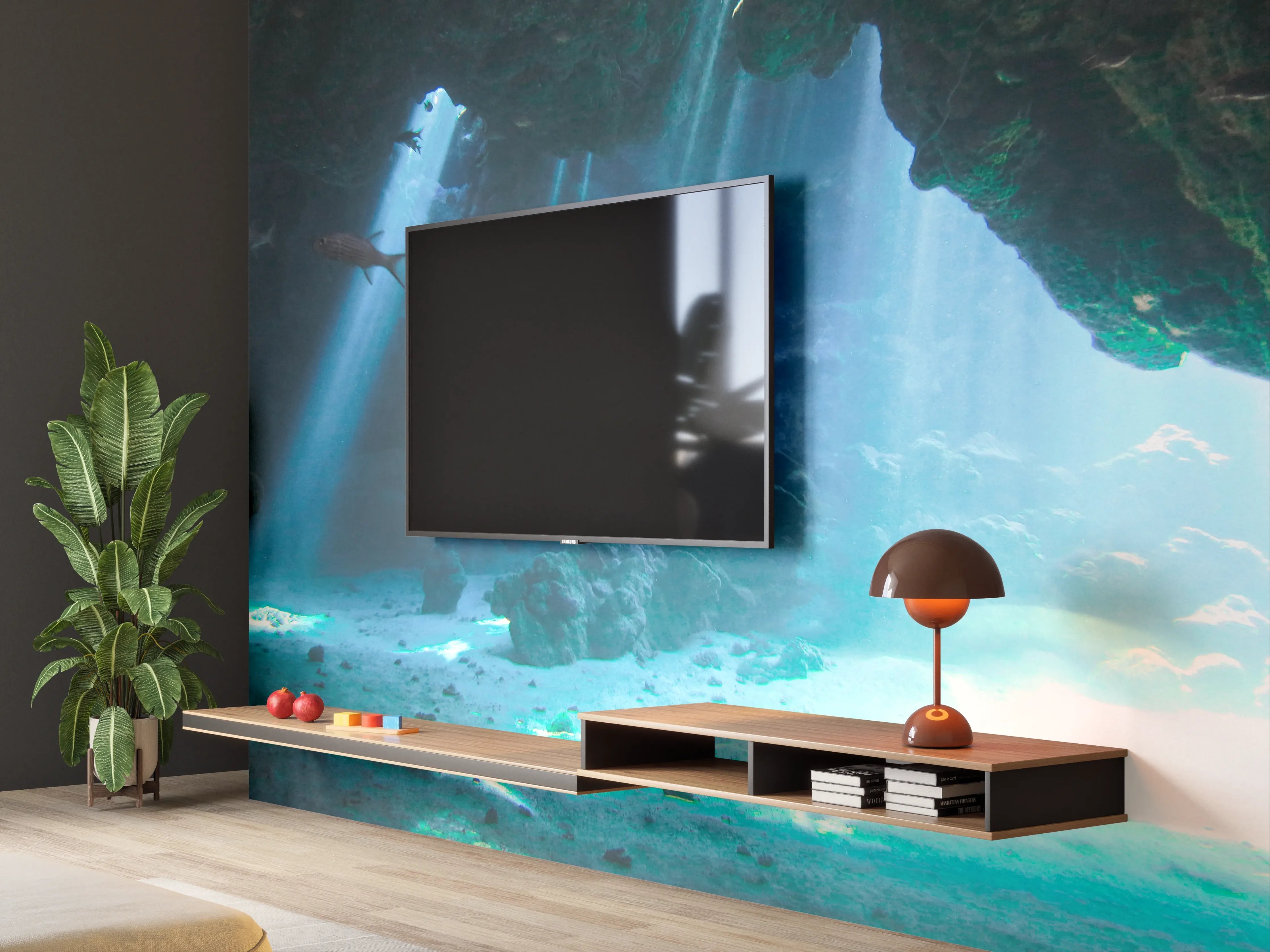 Wandverkleidung Wohnzimmer - Unterwasserhöhle mit Sonnenstrahlen und Fisch