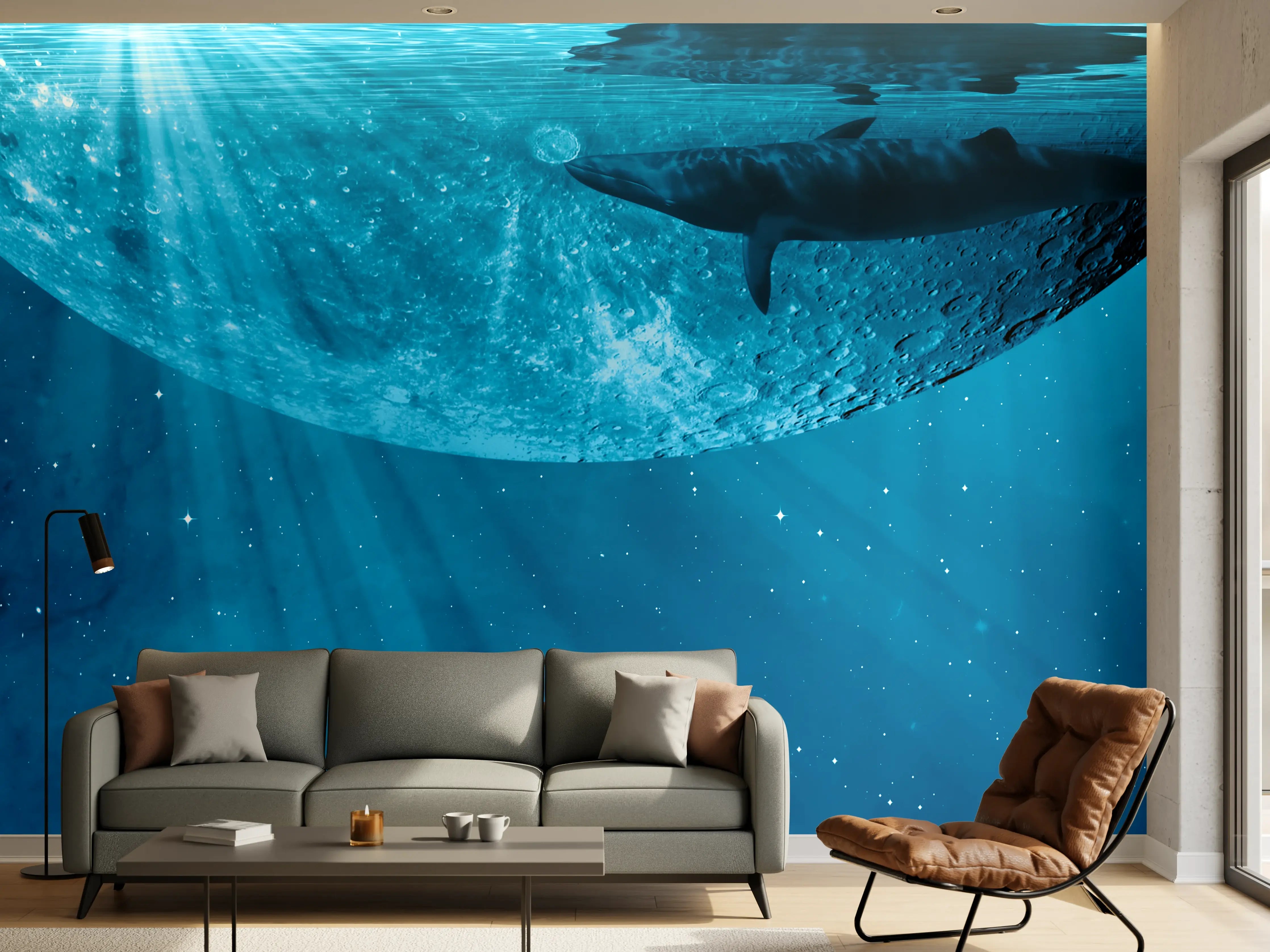 Wandverkleidung Wohnzimmer - Unterwasserwelt mit Hai und Mond