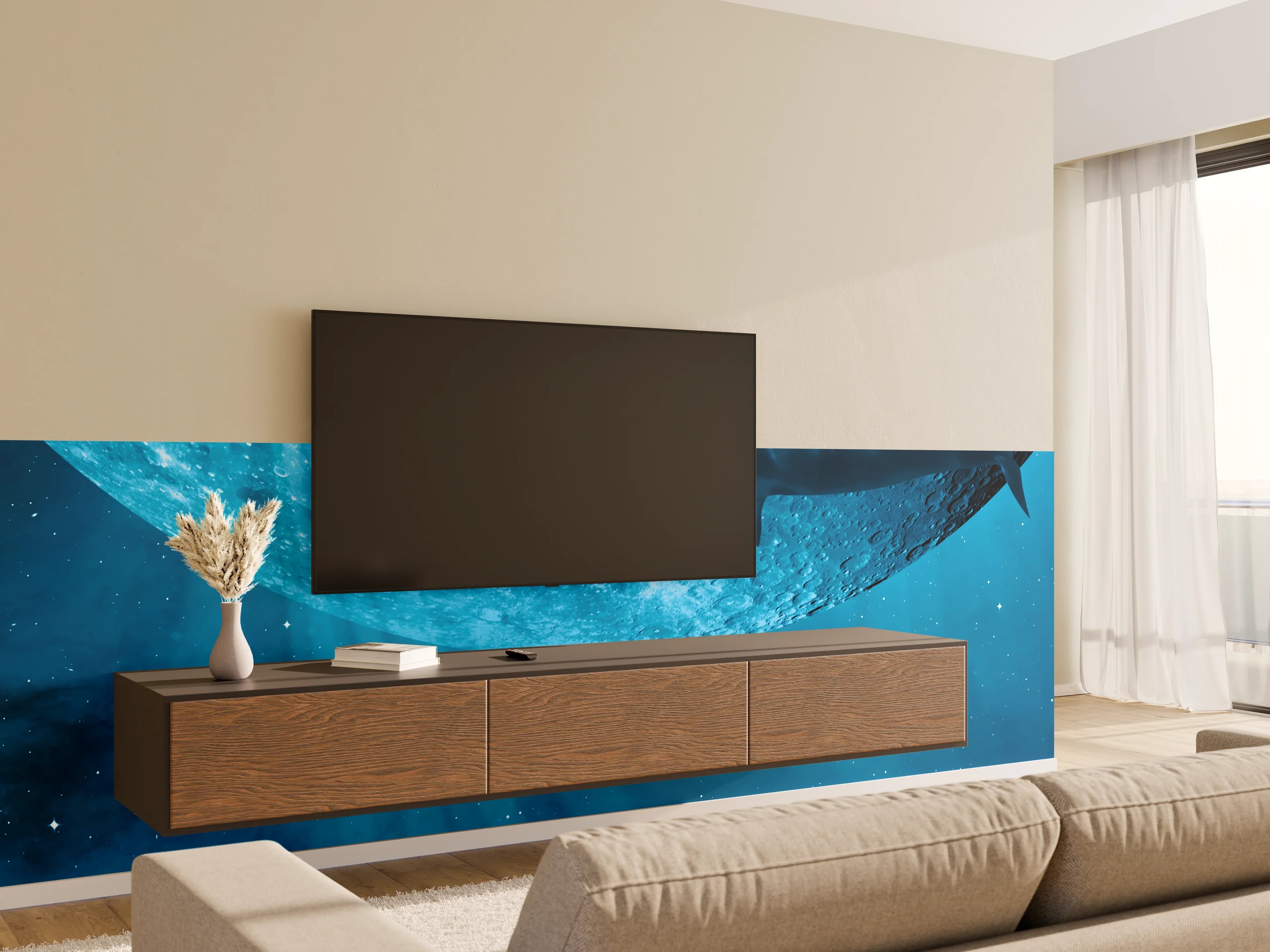 Wandverkleidung Wohnzimmer - Unterwasserwelt mit Hai und Mond