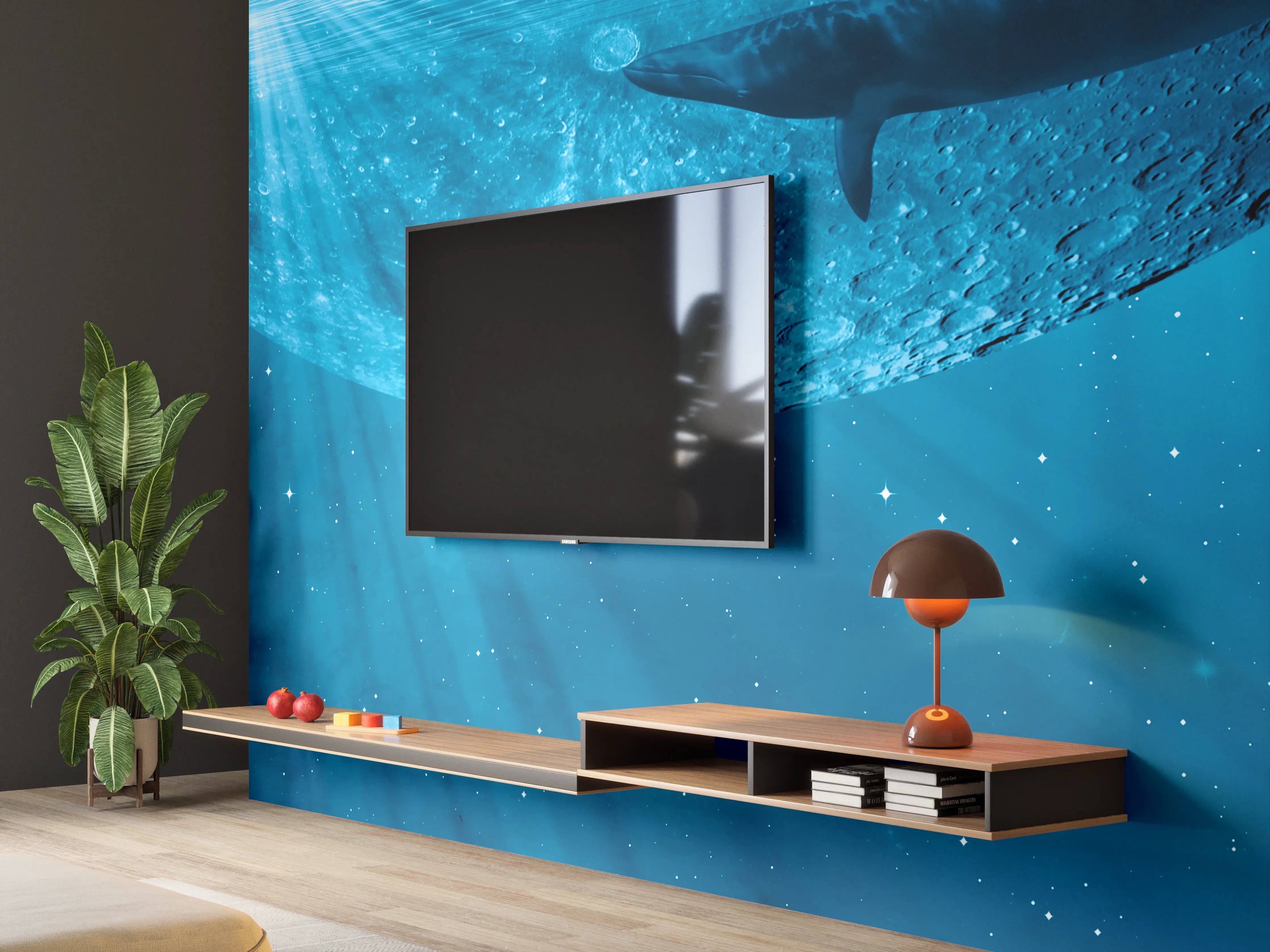 Wandverkleidung Wohnzimmer - Unterwasserwelt mit Hai und Mond