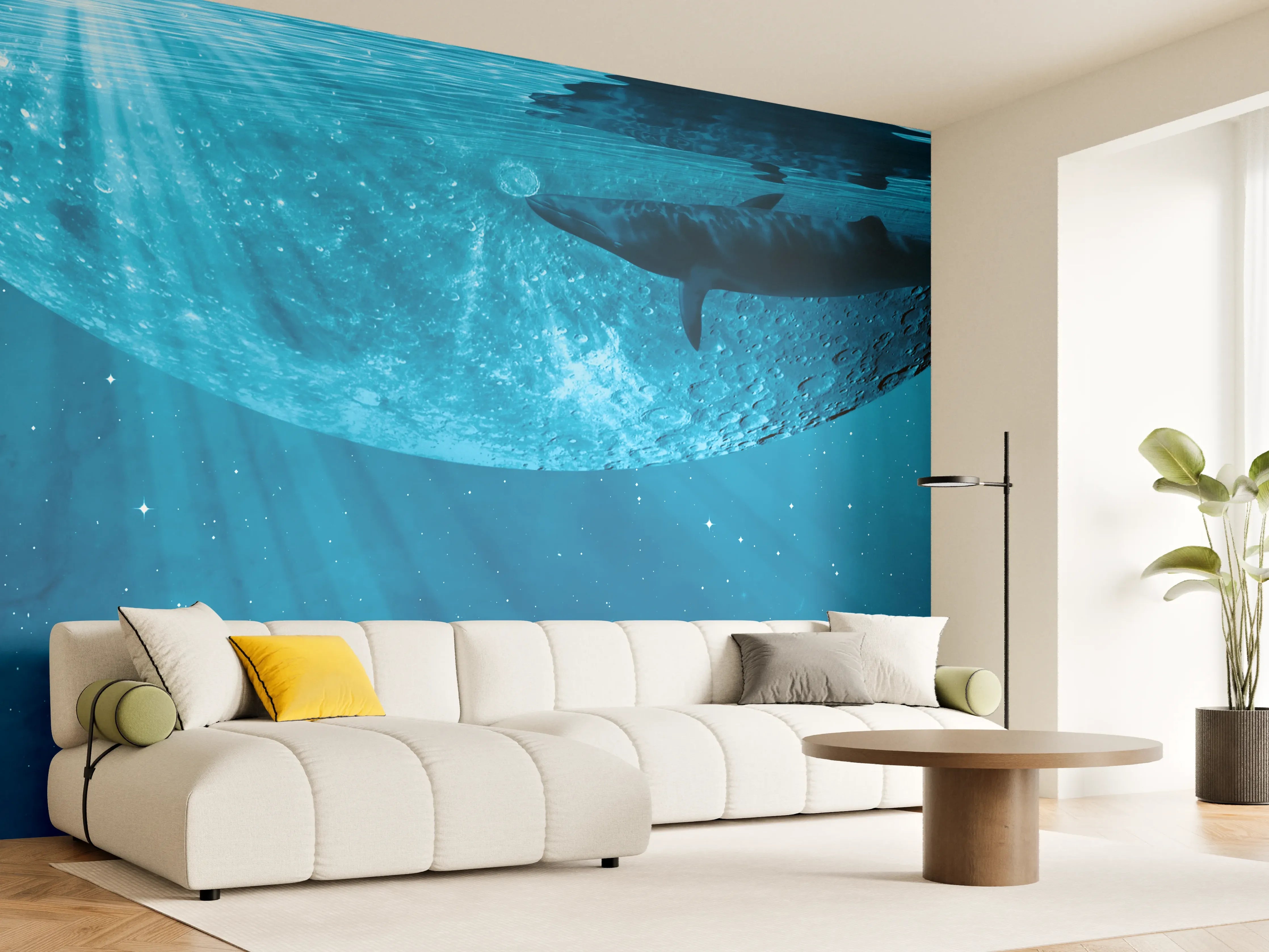 Wandverkleidung Wohnzimmer - Unterwasserwelt mit Hai und Mond