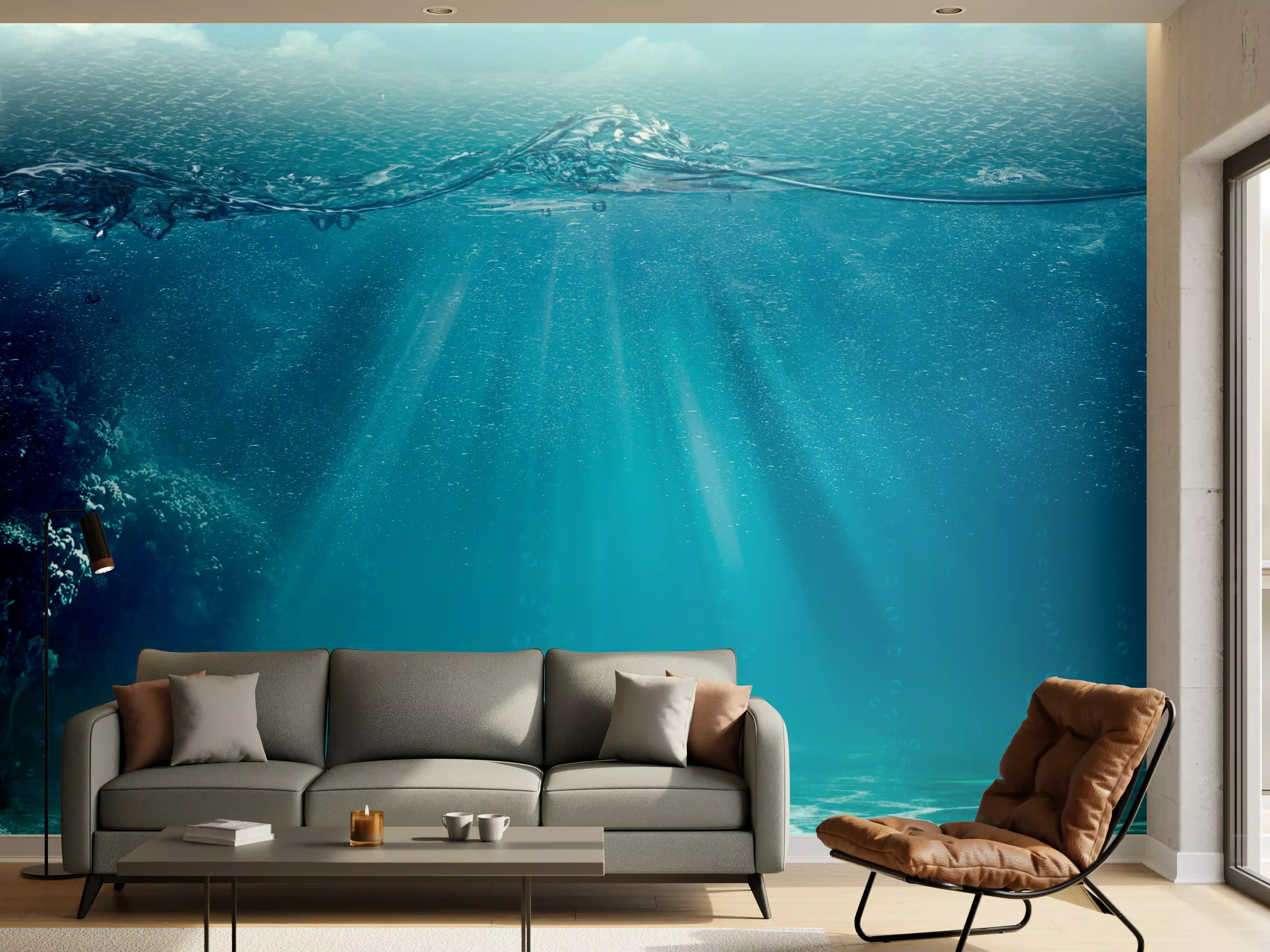 Wandverkleidung Wohnzimmer - Unterwasserwelt mit Sonnenstrahlen