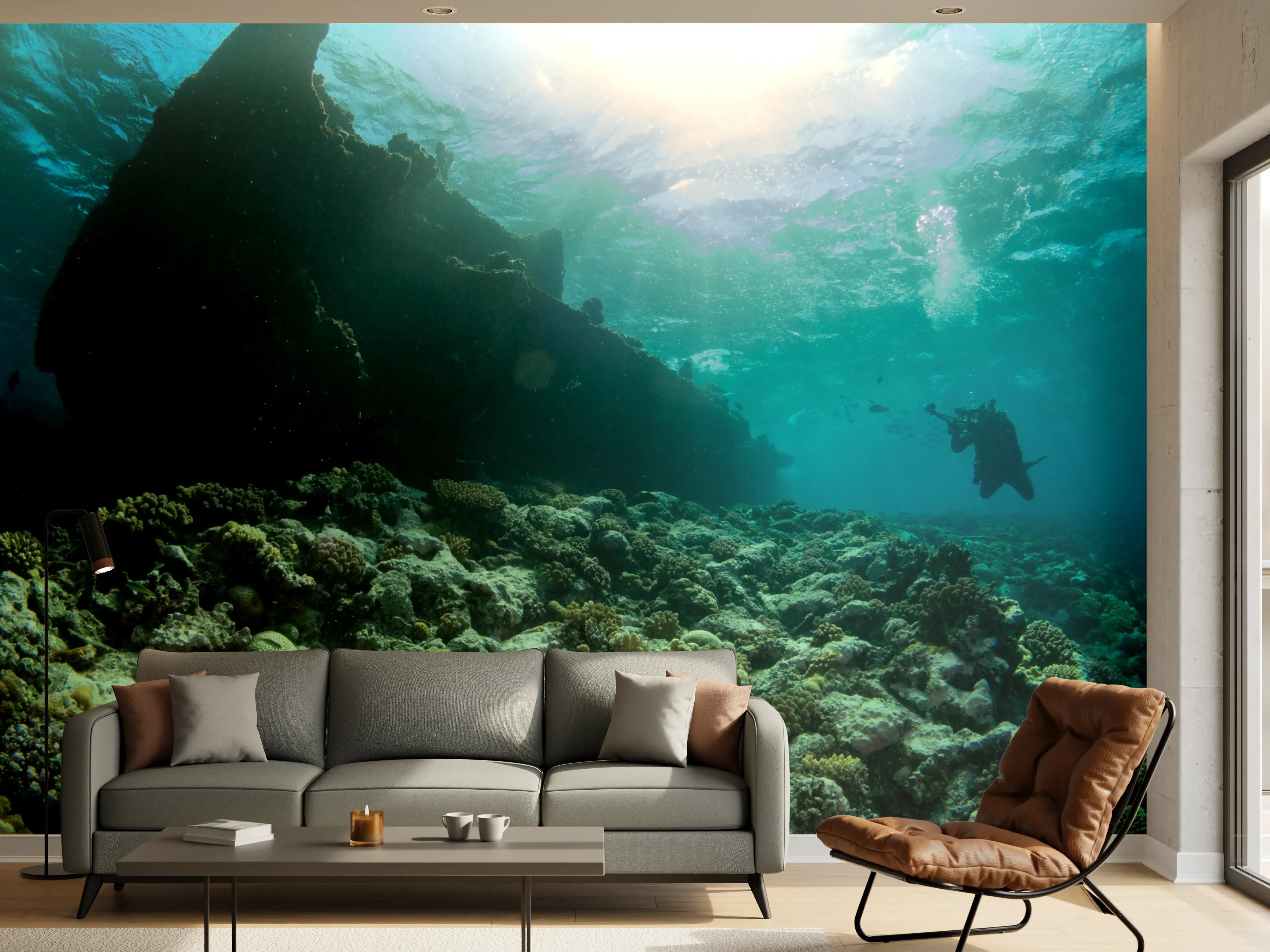 Wandverkleidung Wohnzimmer - Unterwasserwelt mit Taucher