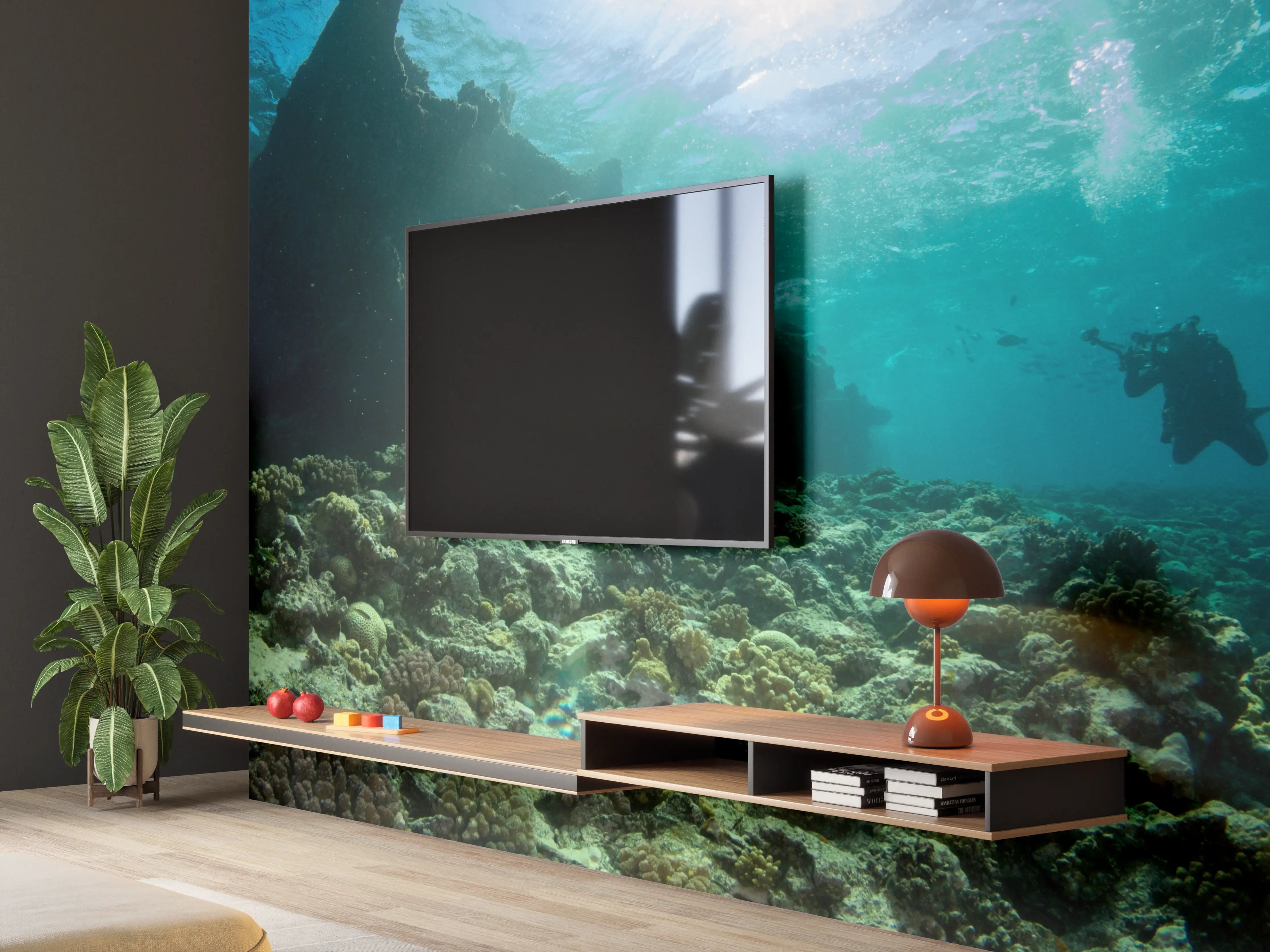 Wandverkleidung Wohnzimmer - Unterwasserwelt mit Taucher