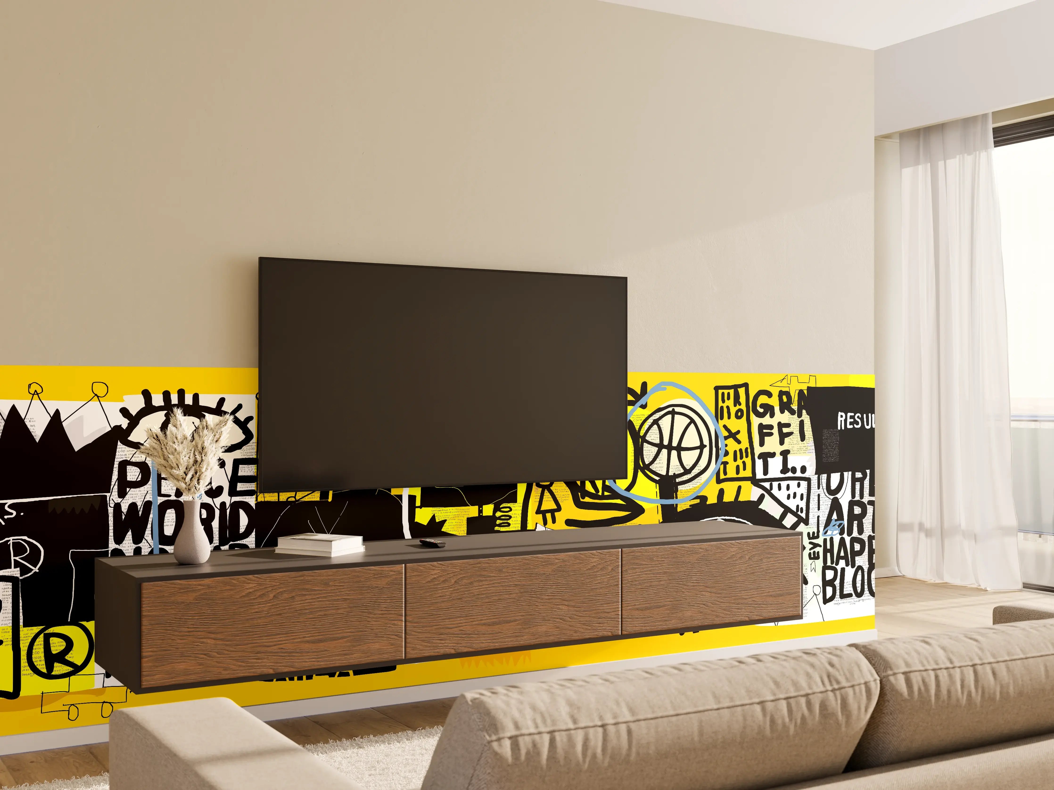 Wandverkleidung Wohnzimmer - Urbanes Graffiti-Kunstwerk Gelb Schwarz