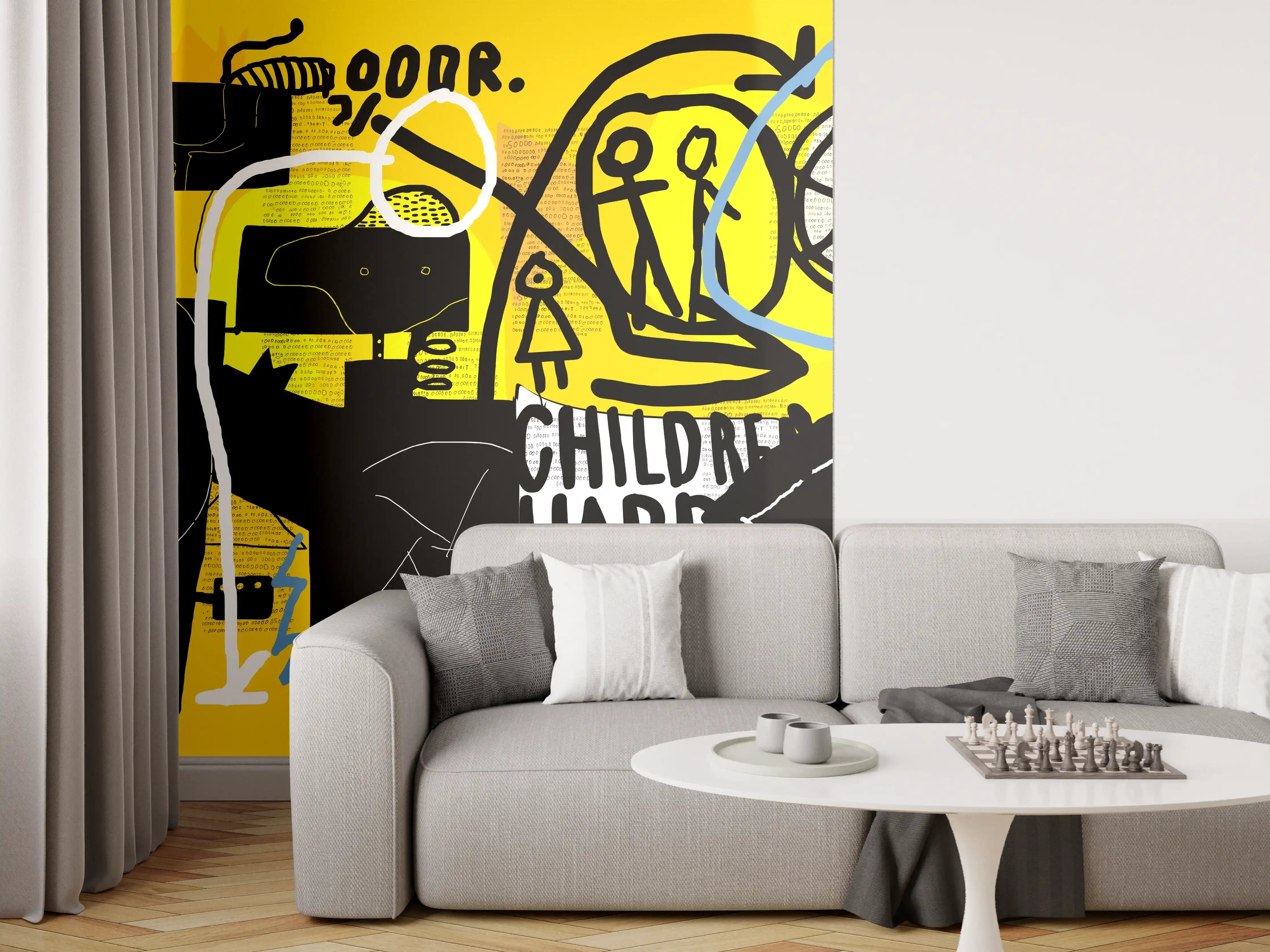 Wandverkleidung Wohnzimmer - Urbanes Graffiti-Kunstwerk Gelb Schwarz