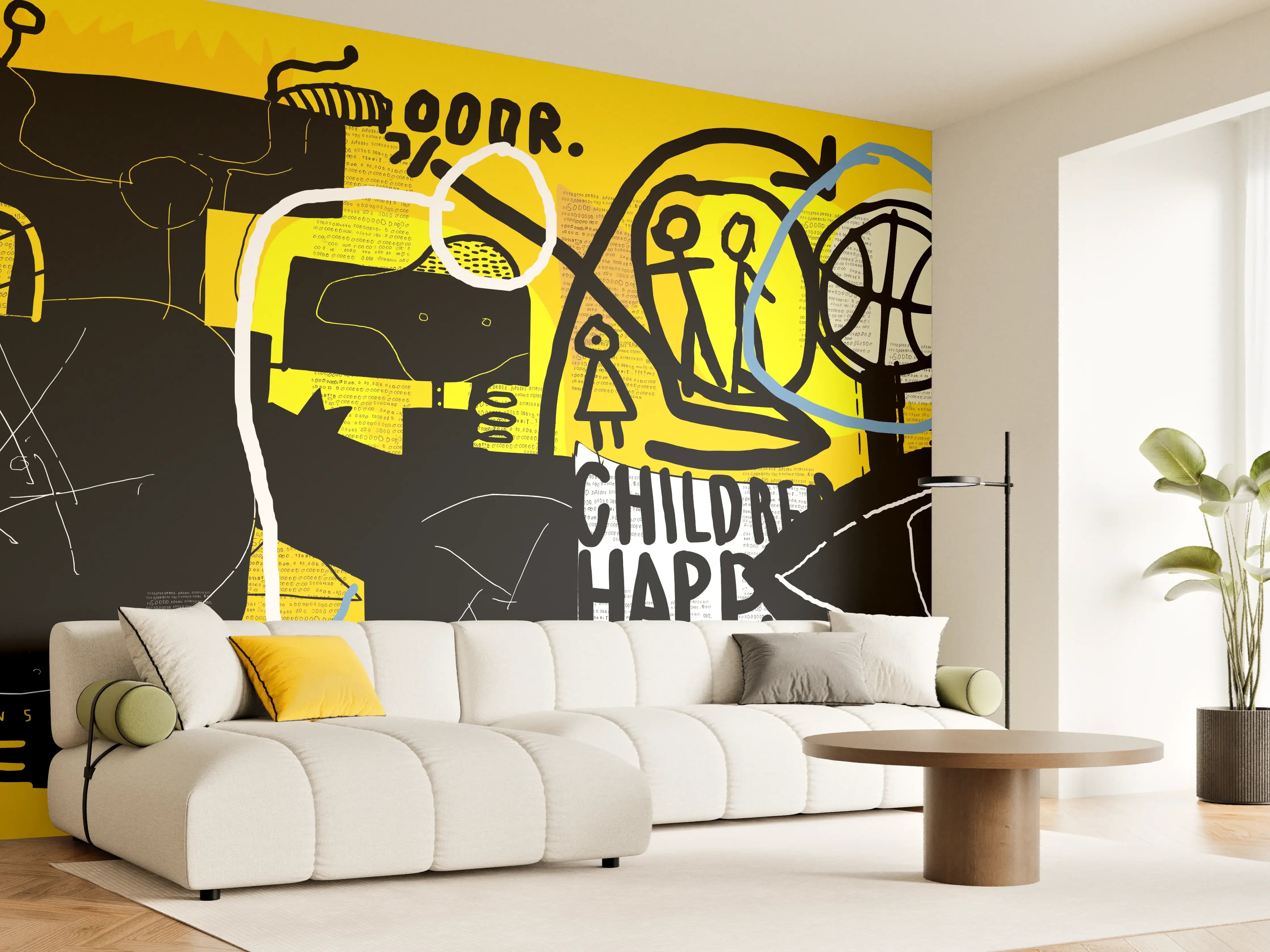 Wandverkleidung Wohnzimmer - Urbanes Graffiti-Kunstwerk Gelb Schwarz