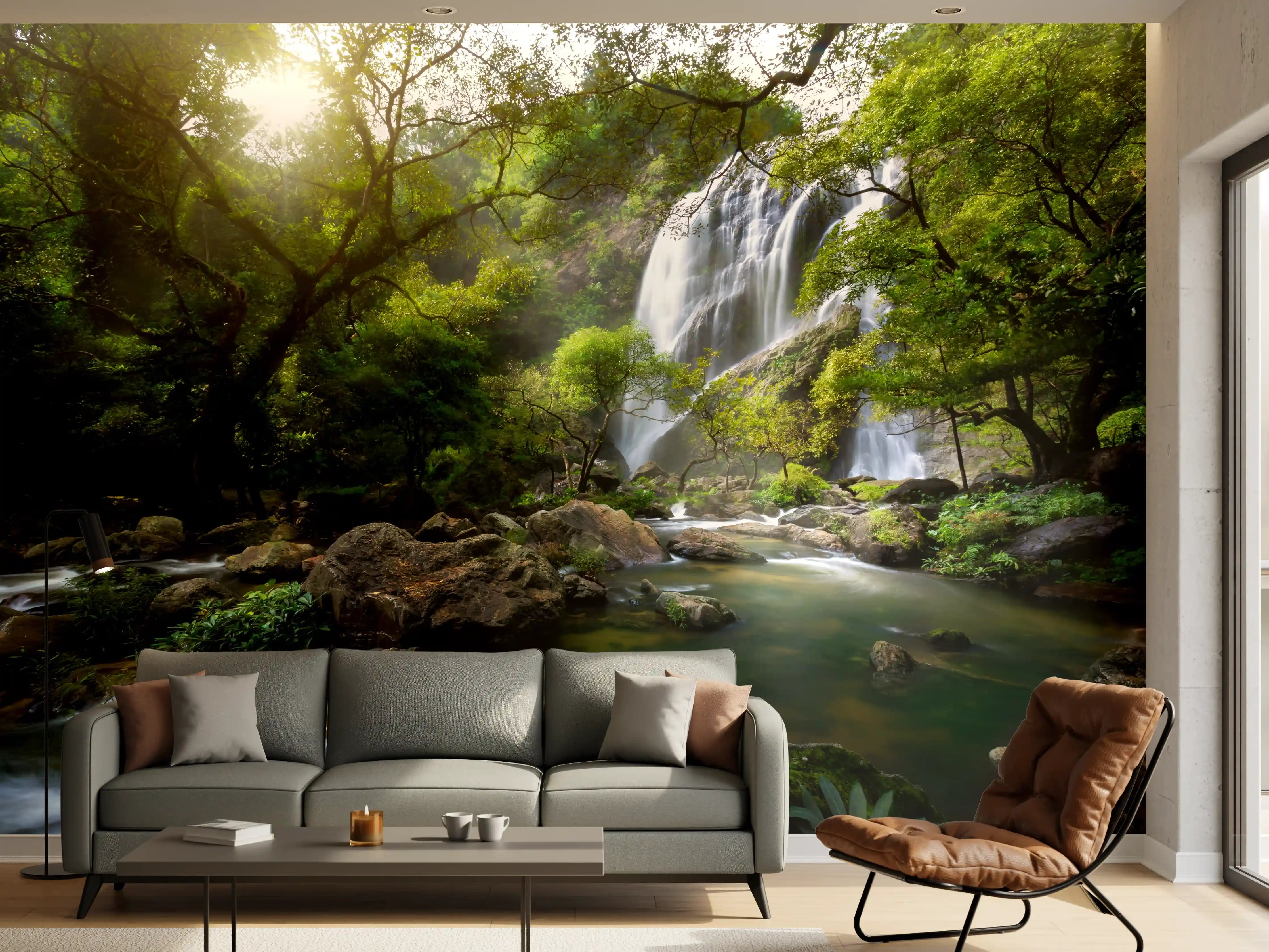Wandverkleidung Wohnzimmer - Urlaubsparadies: Wasserfall in natürlicher Umgebung
