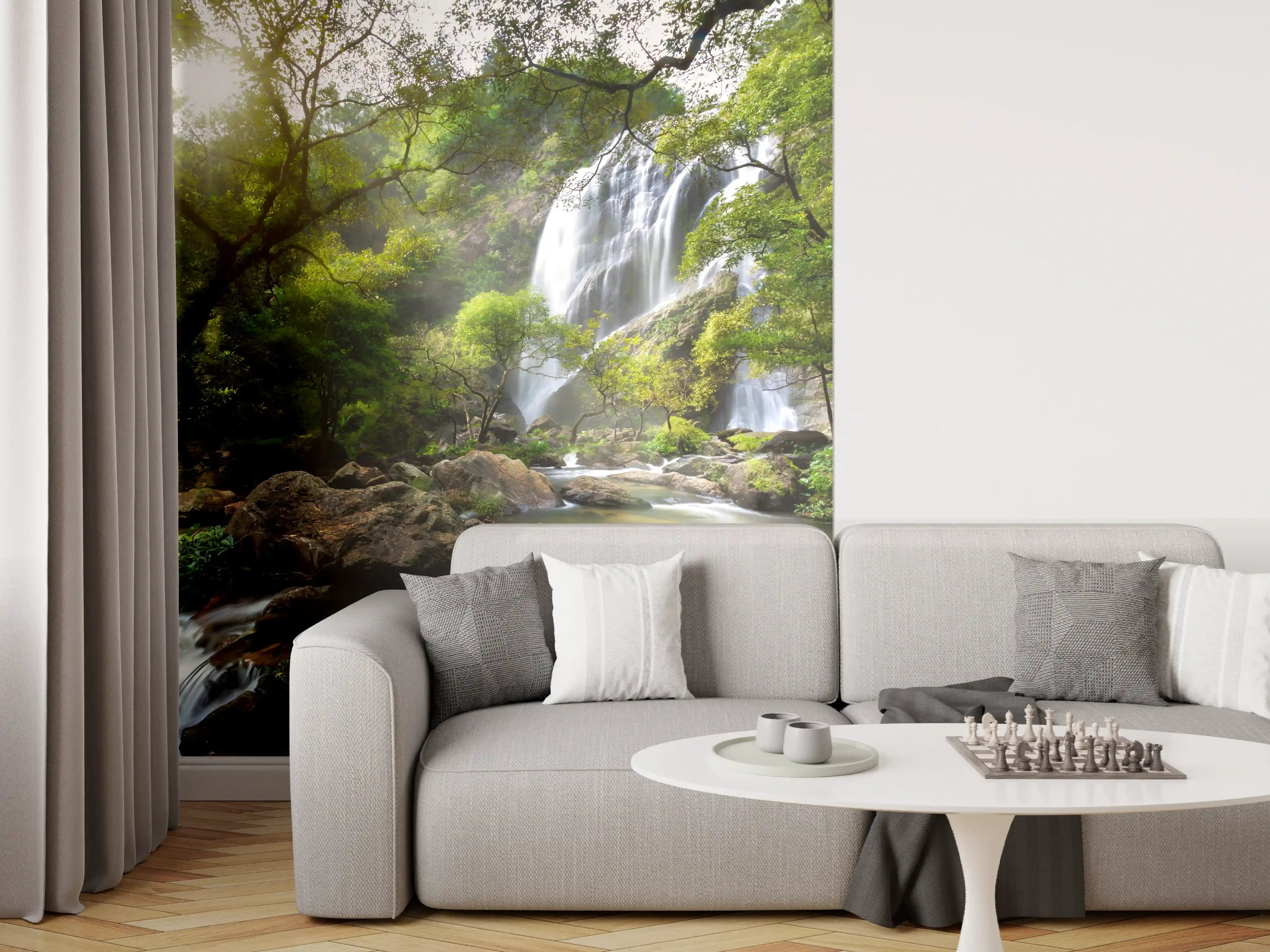 Wandverkleidung Wohnzimmer - Urlaubsparadies: Wasserfall in natürlicher Umgebung