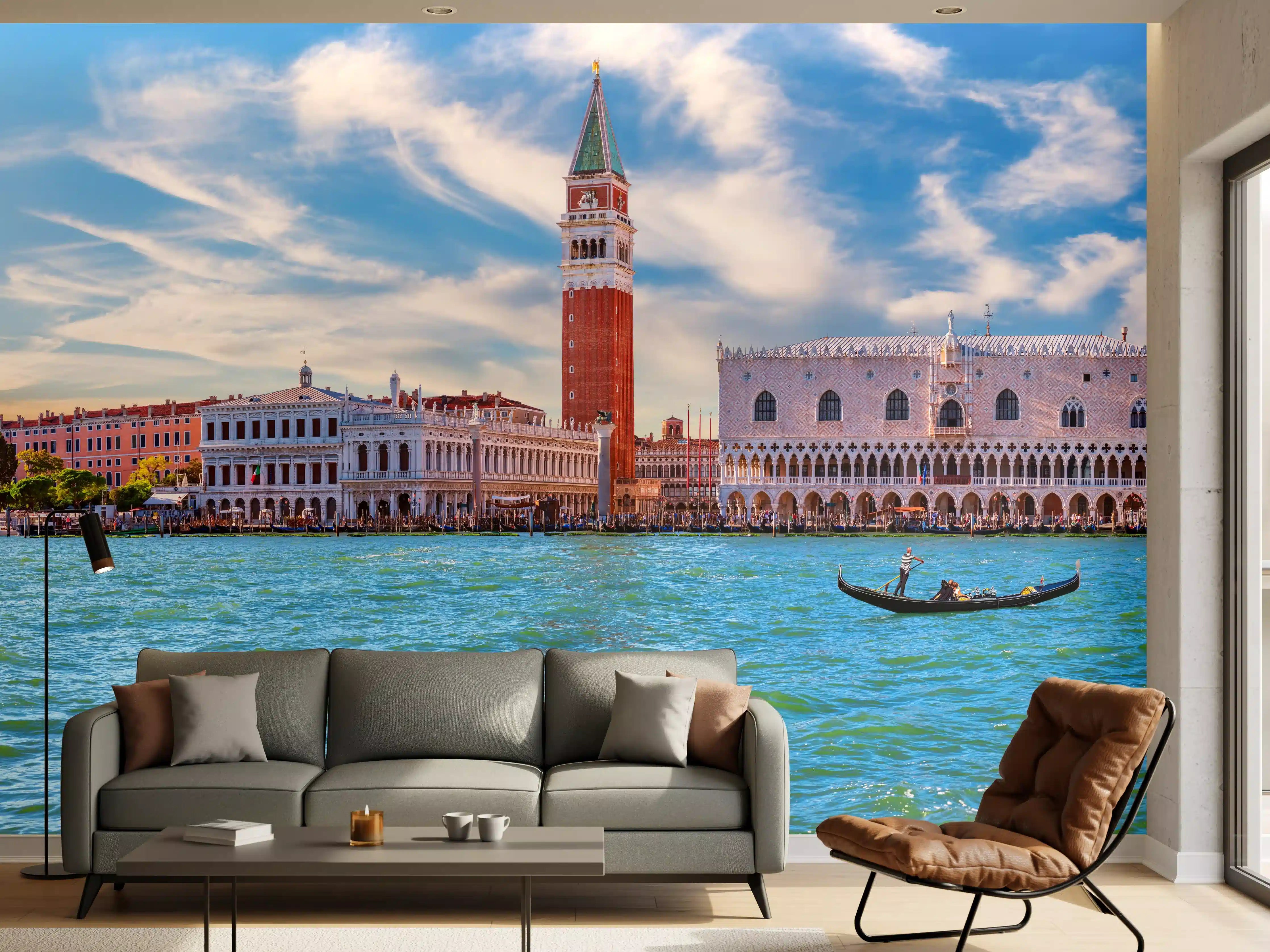 Wandverkleidung Wohnzimmer - Venedig Skyline Blau-Türkis