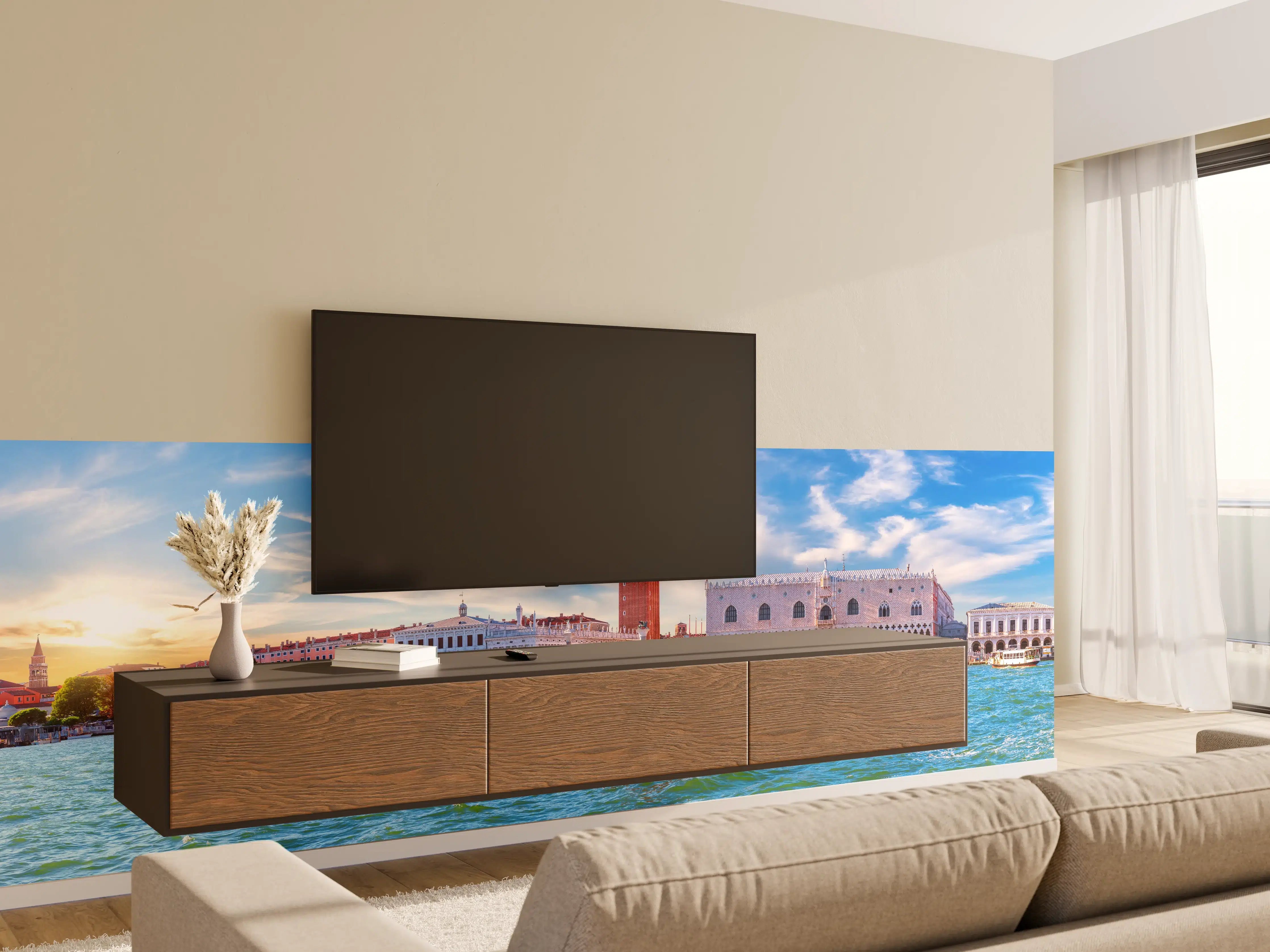 Wandverkleidung Wohnzimmer - Venedig Skyline Blau-Türkis