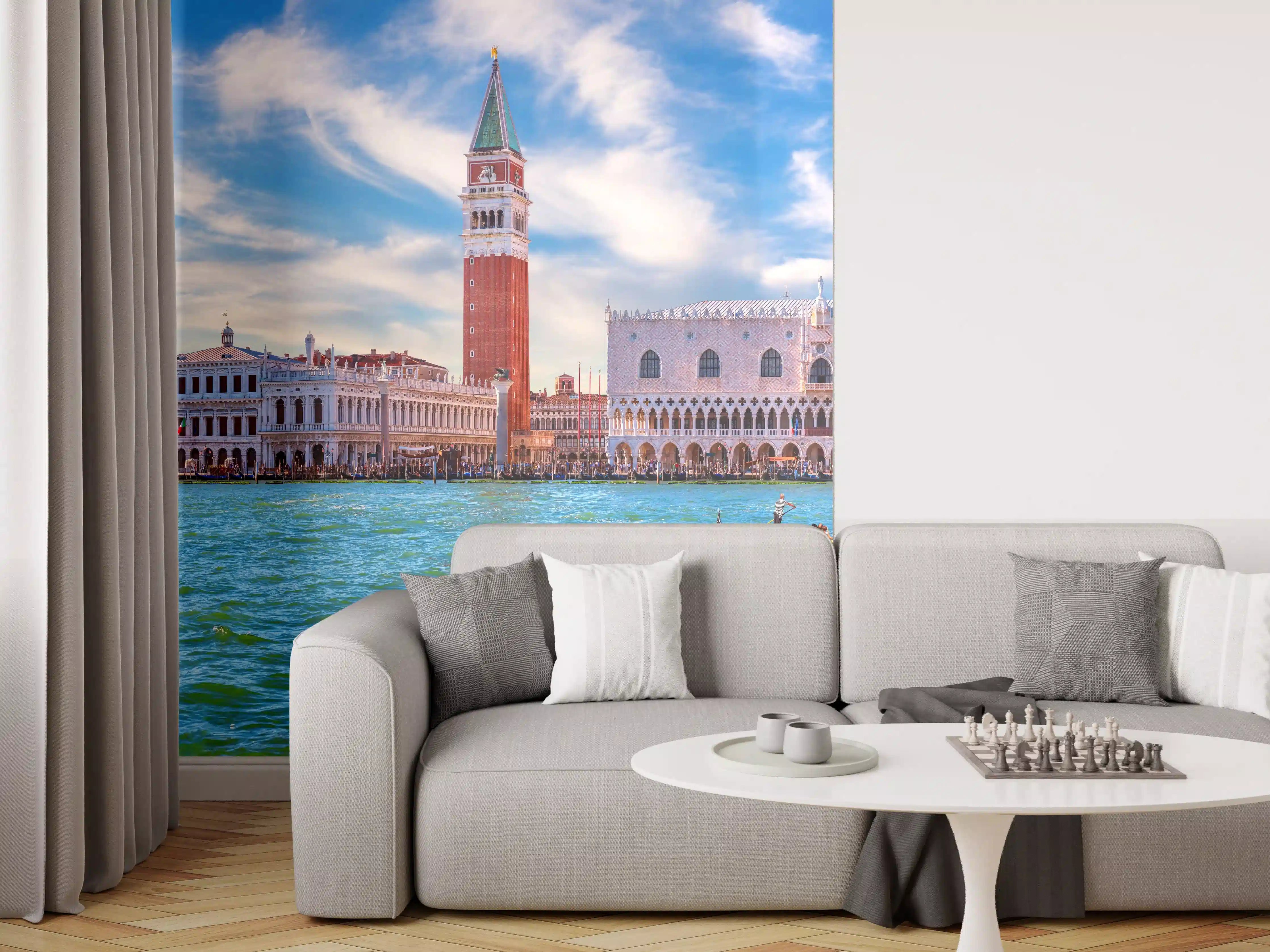 Wandverkleidung Wohnzimmer - Venedig Skyline Blau-Türkis