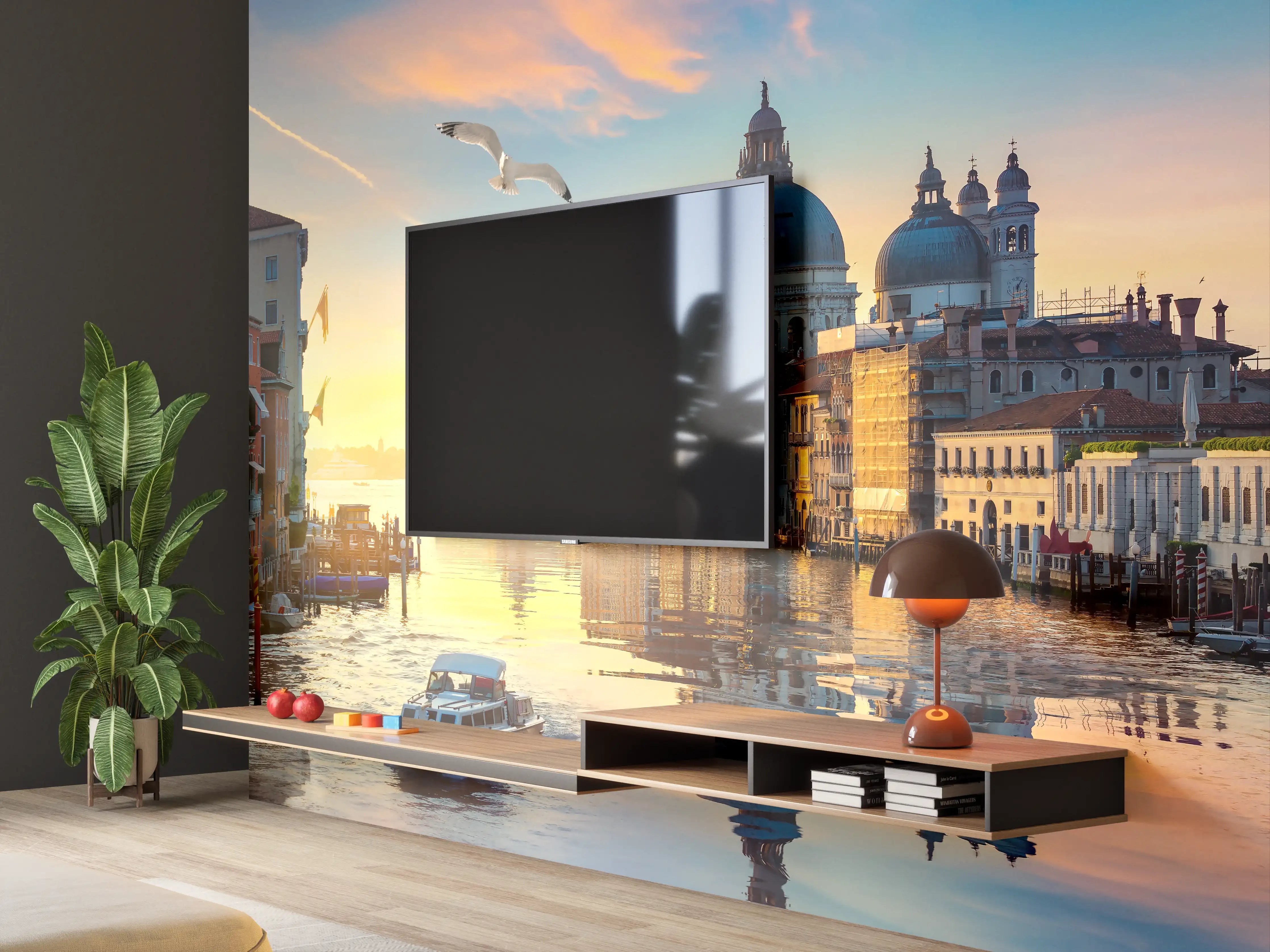 Wandverkleidung Wohnzimmer - Venedig bei Sonnenuntergang mit Wasser und Inseln