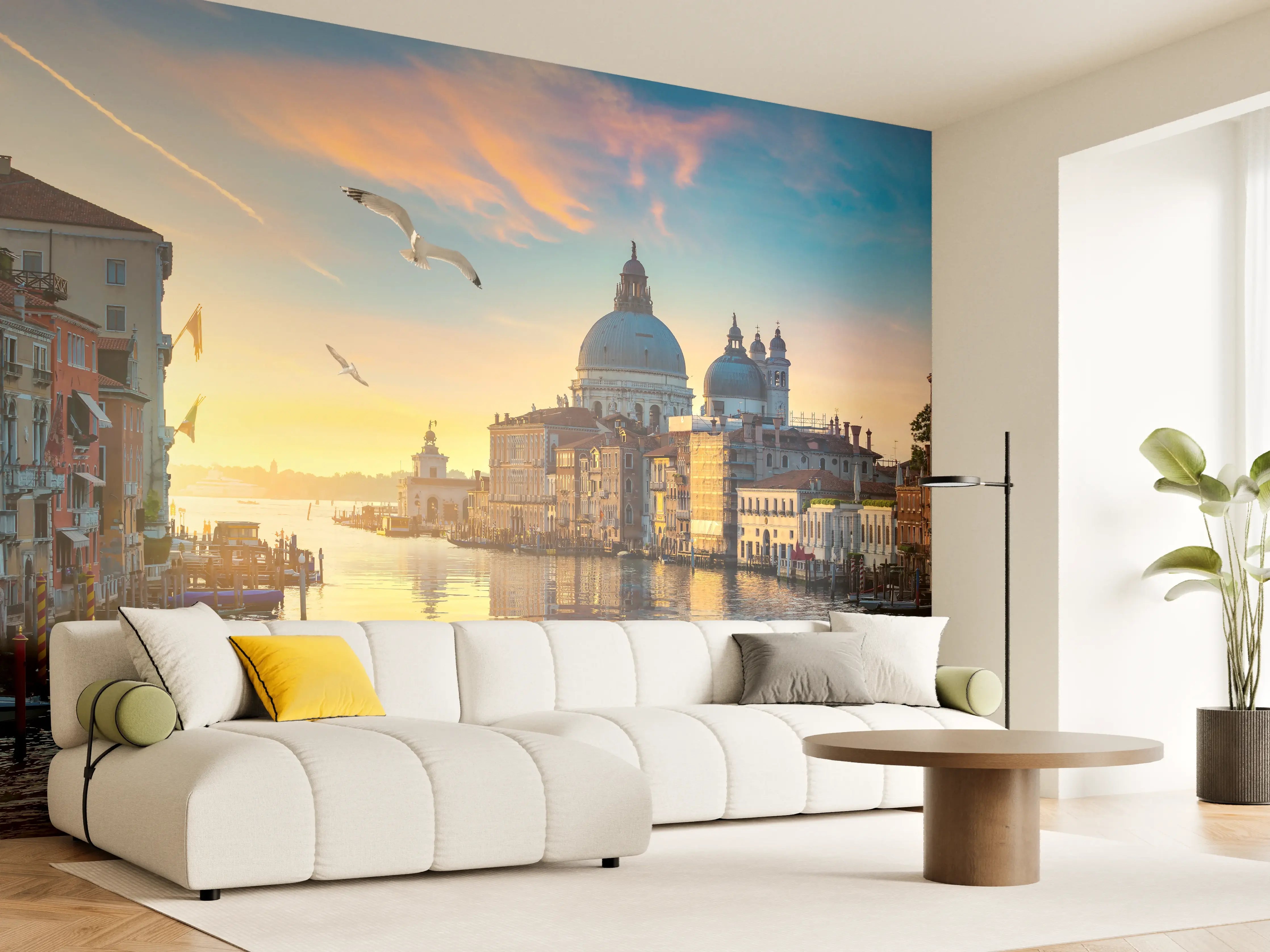 Wandverkleidung Wohnzimmer - Venedig bei Sonnenuntergang mit Wasser und Inseln