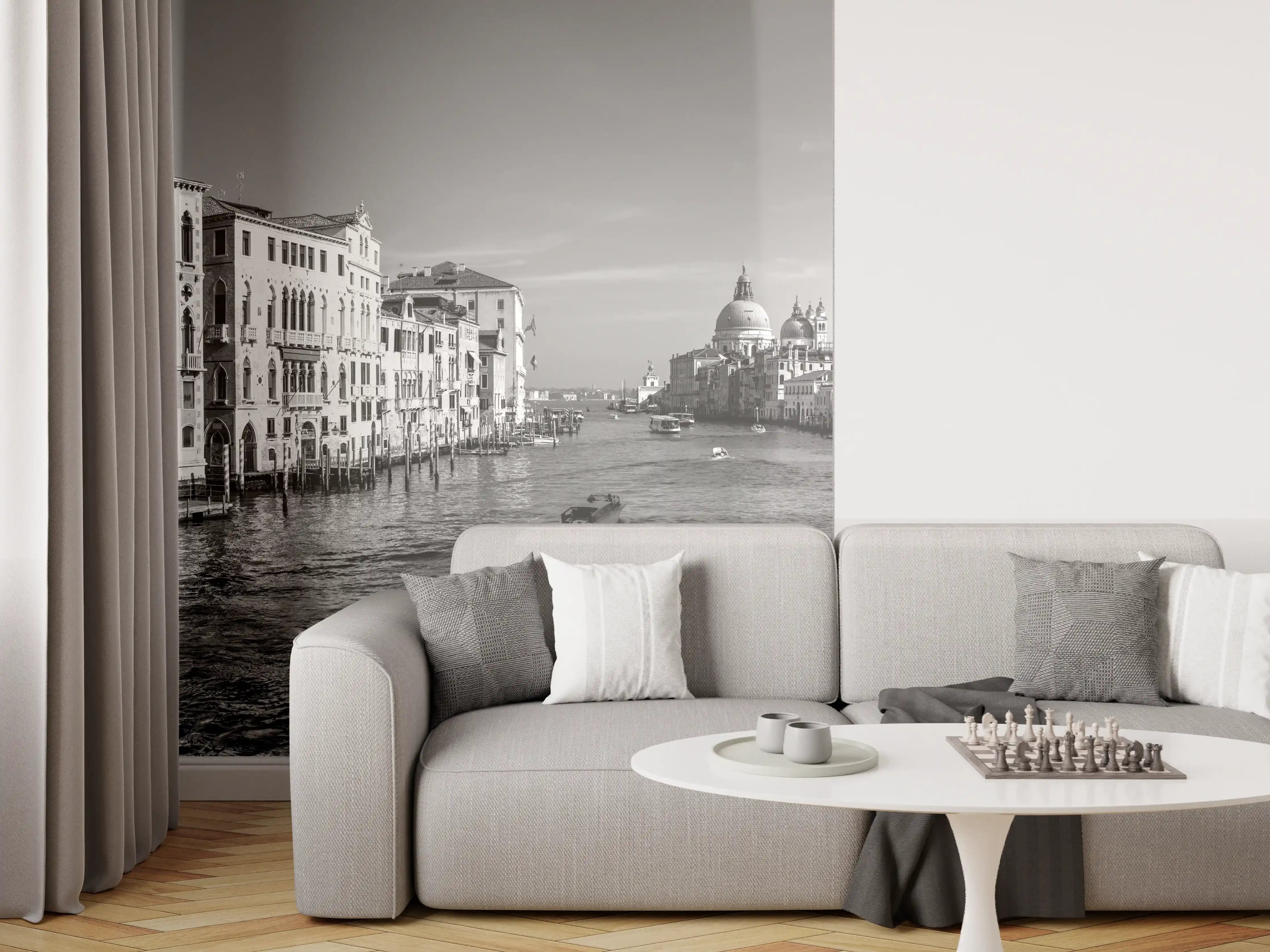 Wandverkleidung Wohnzimmer - Venedig in Schwarz und Weiß