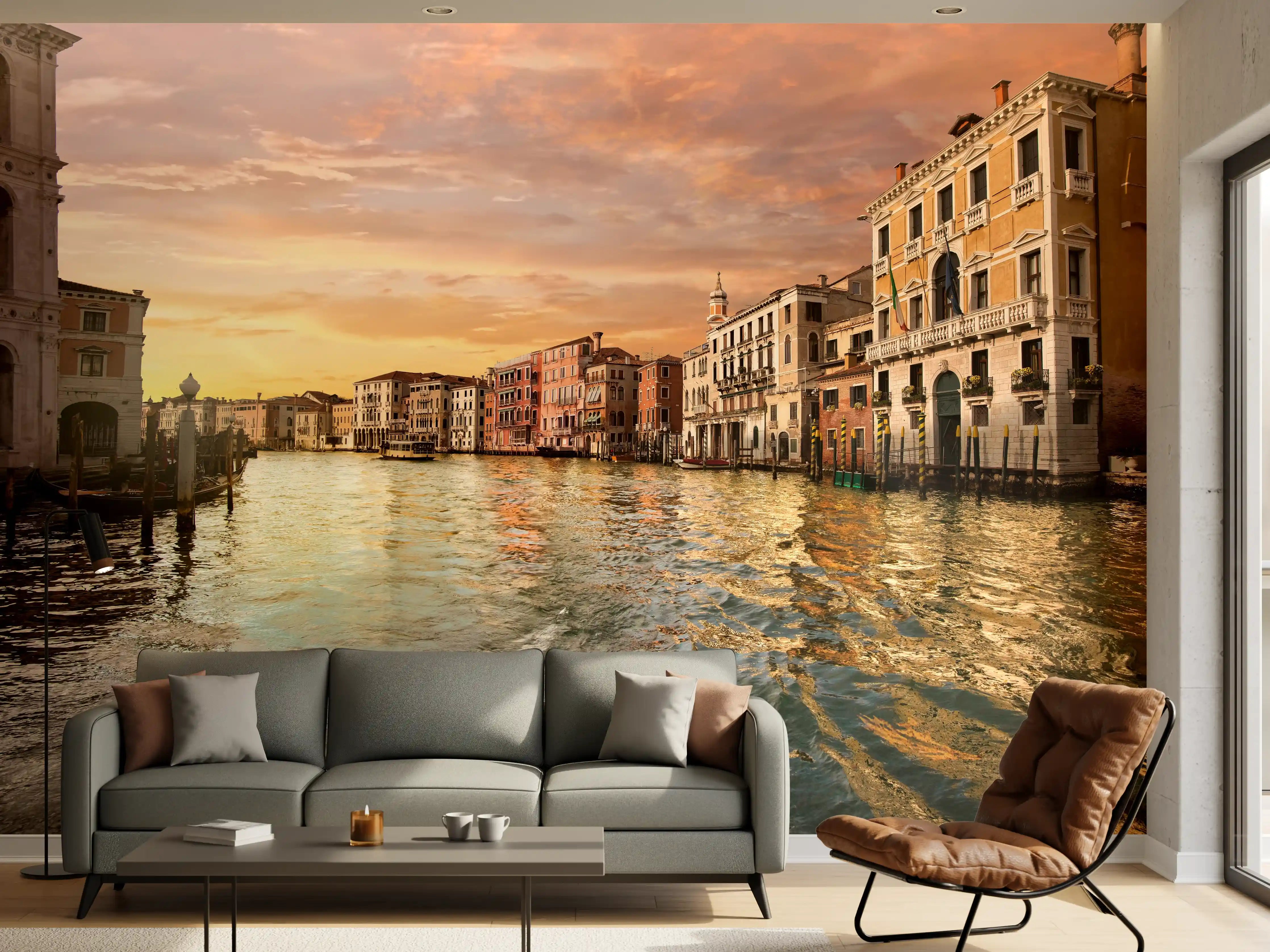 Wandverkleidung Wohnzimmer - Venetian Sunset with Historic Buildings and Canal