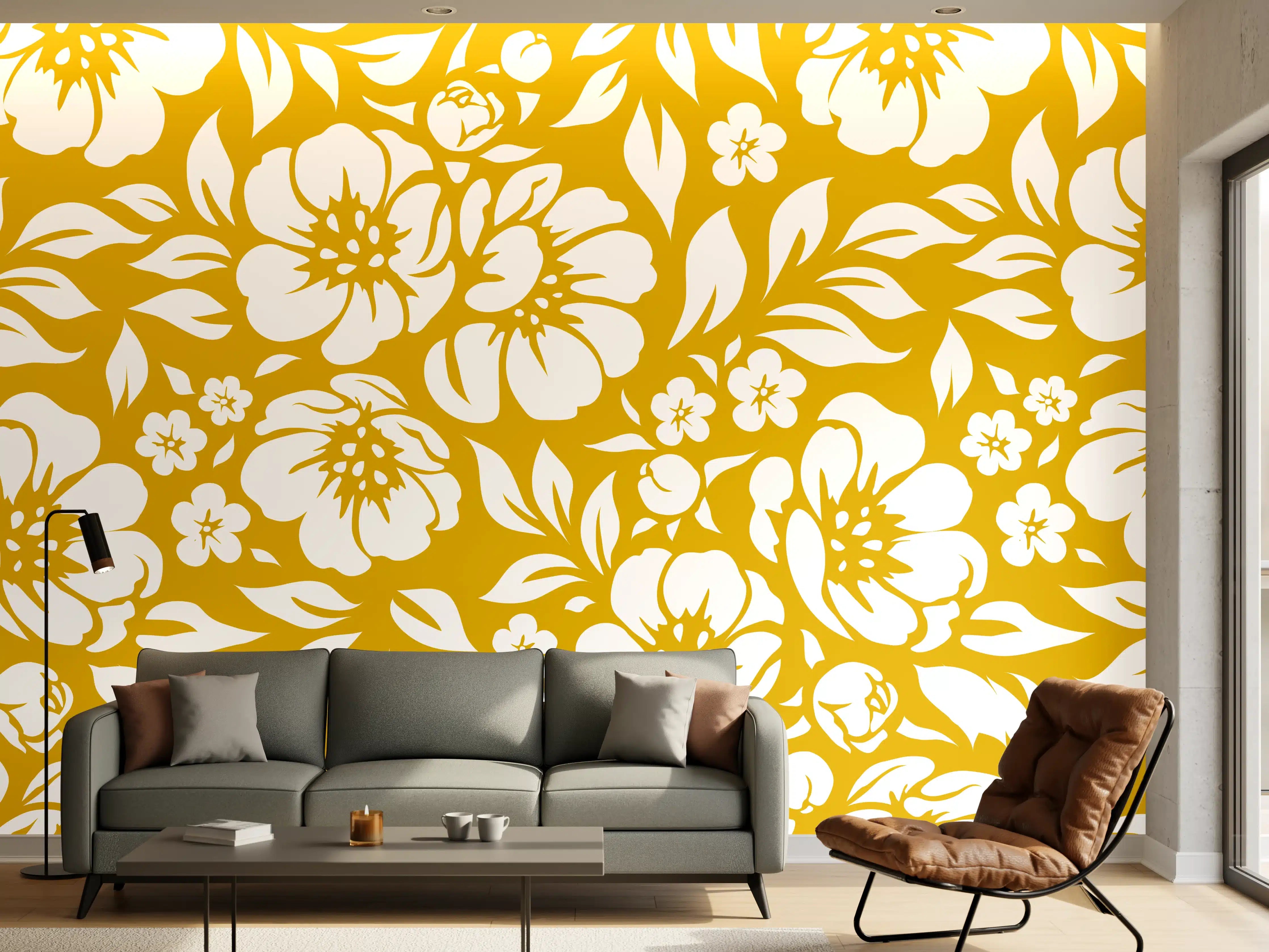 Wandverkleidung Wohnzimmer - Verführerisches Blumendesign in Gold und Weiß