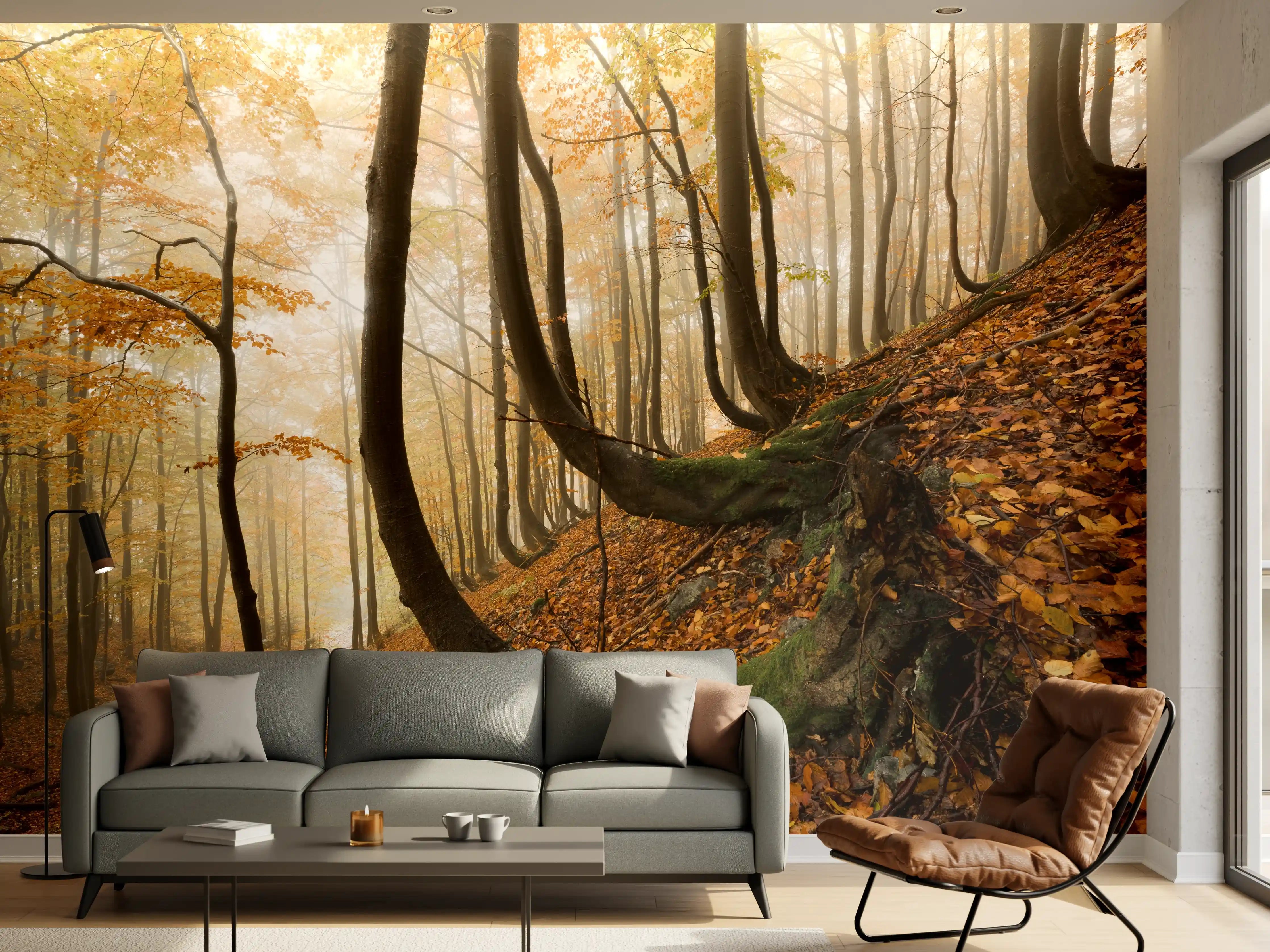 Wandverkleidung Wohnzimmer - Verhüllter Herbstwald in Grau und Weiß