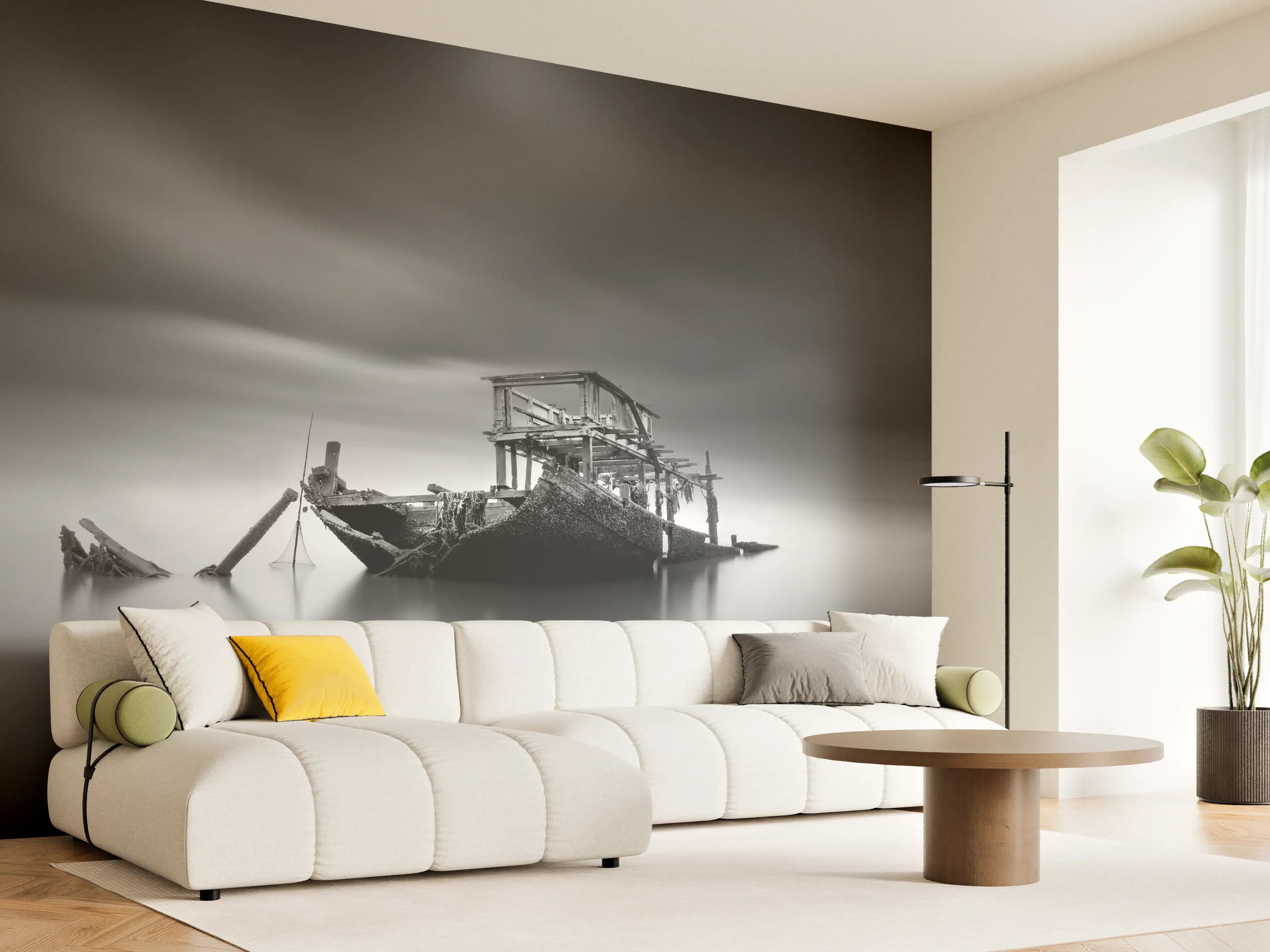 Wandverkleidung Wohnzimmer - Verlassene Schiffsruine in Schwarz-Weiß