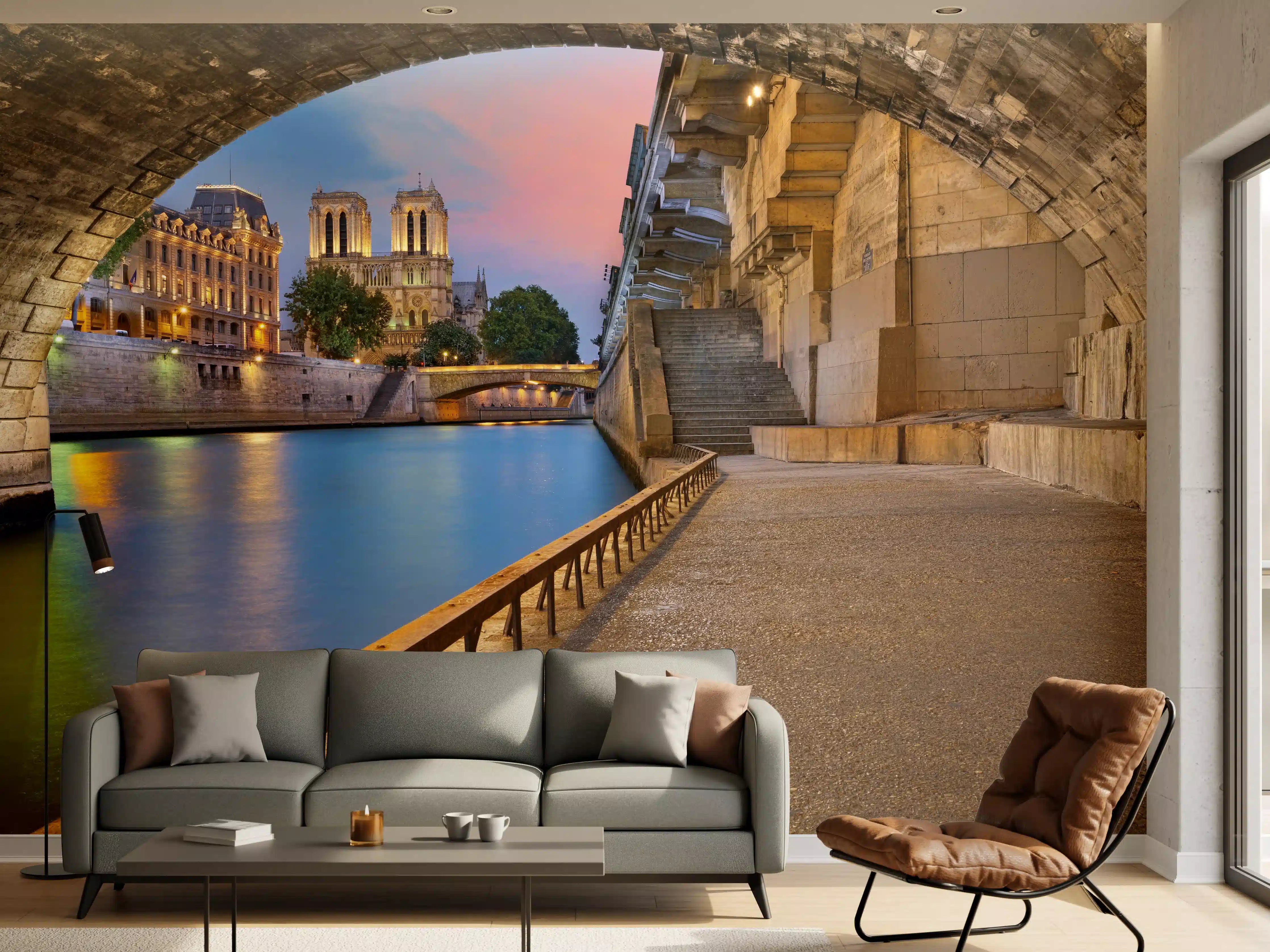 Wandverkleidung Wohnzimmer - Verlassene Uferpromenade bei Sonnenuntergang