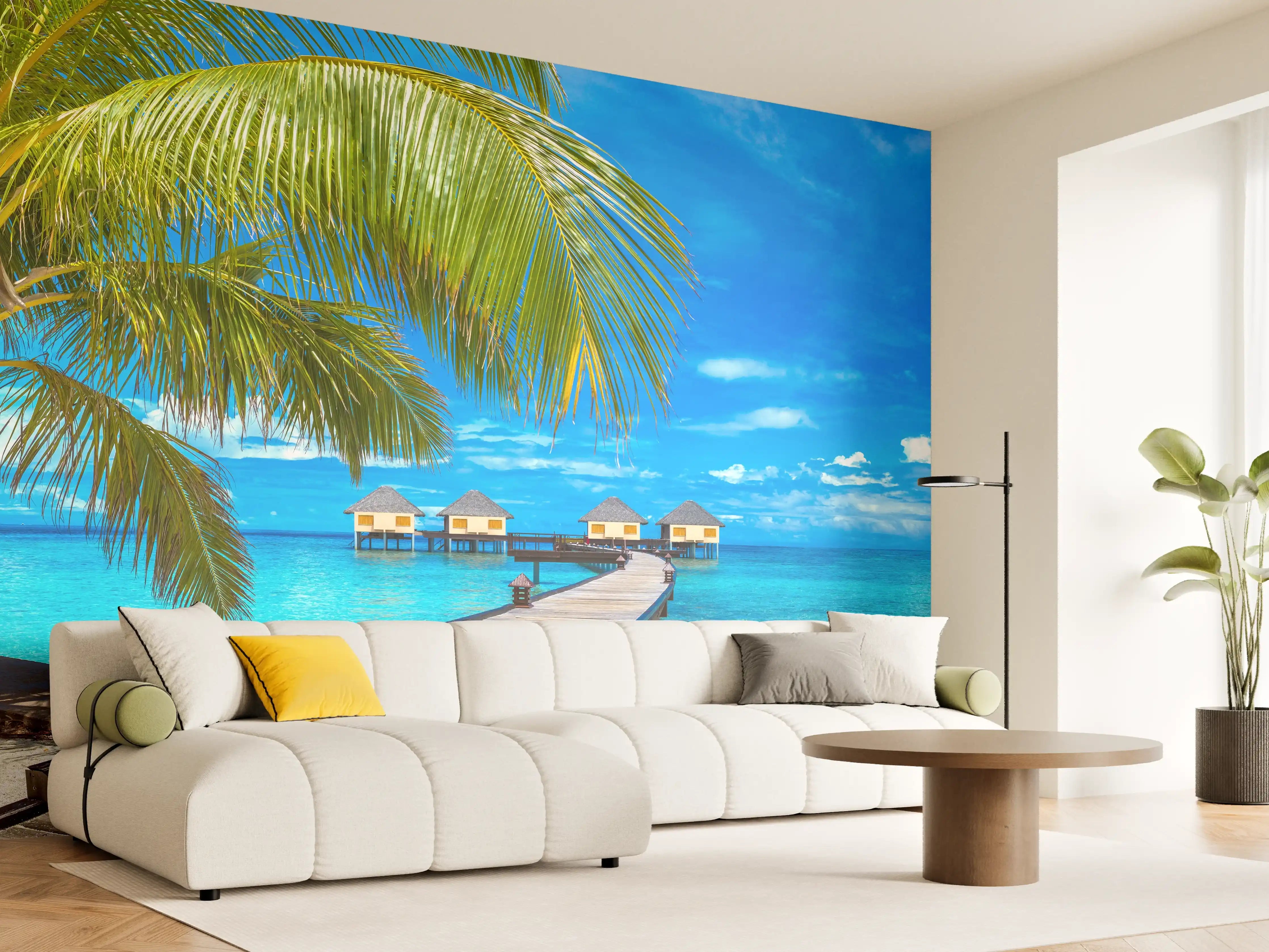 Wandverkleidung Wohnzimmer - Verträumter Graustufen-Strand mit Palmen