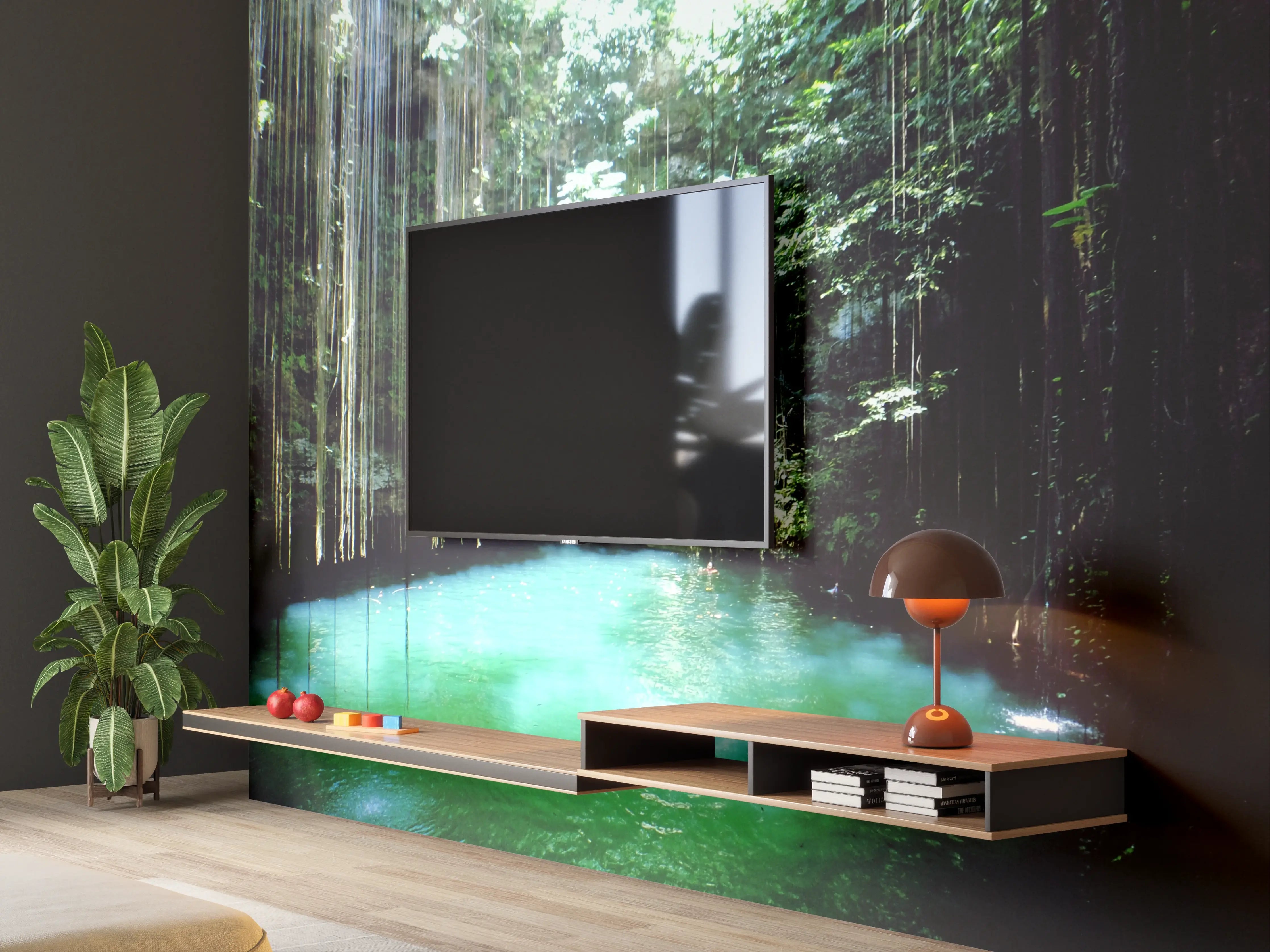 Wandverkleidung Wohnzimmer - Verträumter Wasserfall im grünen Dschungel - Natur pur
