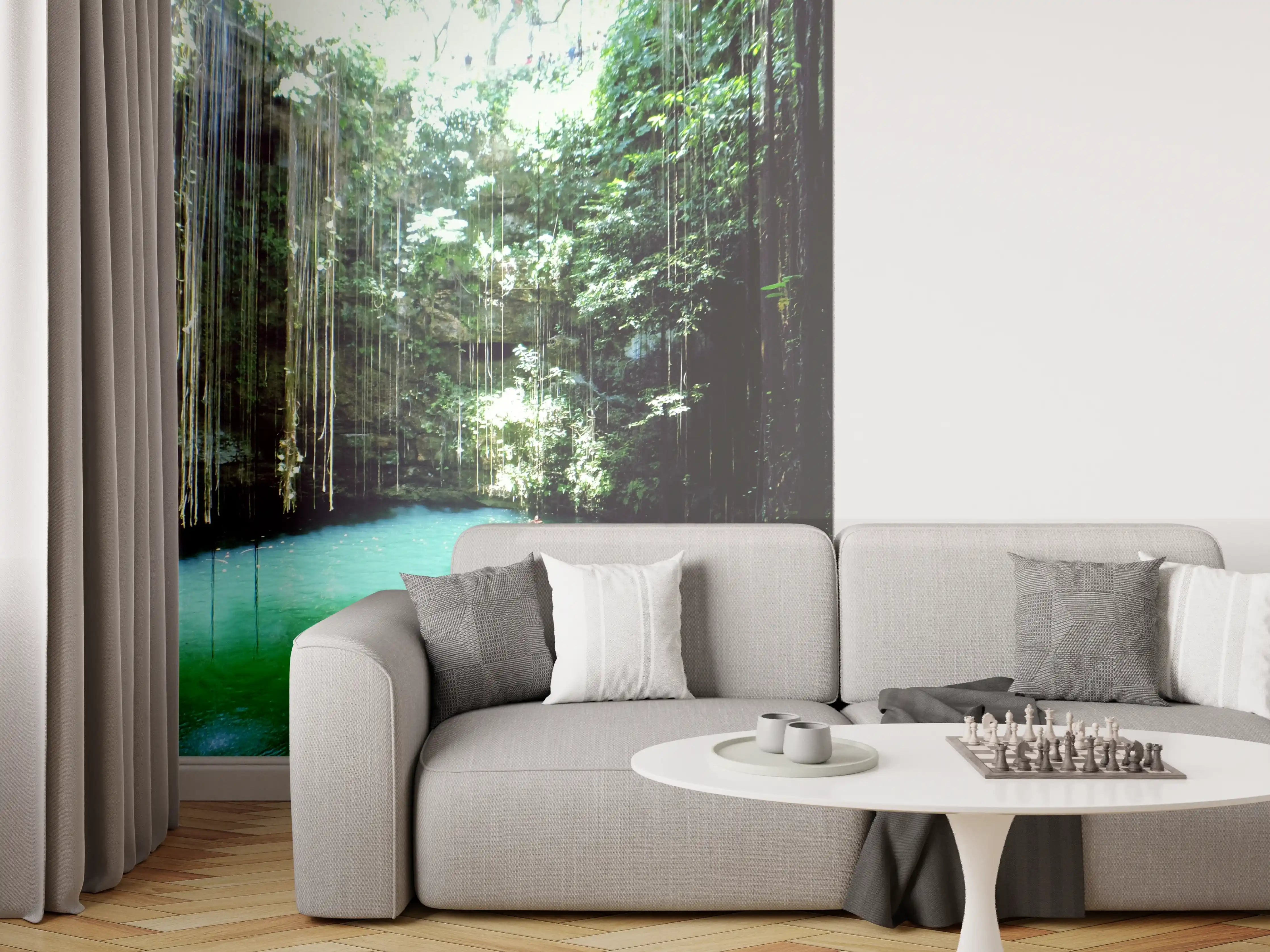 Wandverkleidung Wohnzimmer - Verträumter Wasserfall im grünen Dschungel - Natur pur