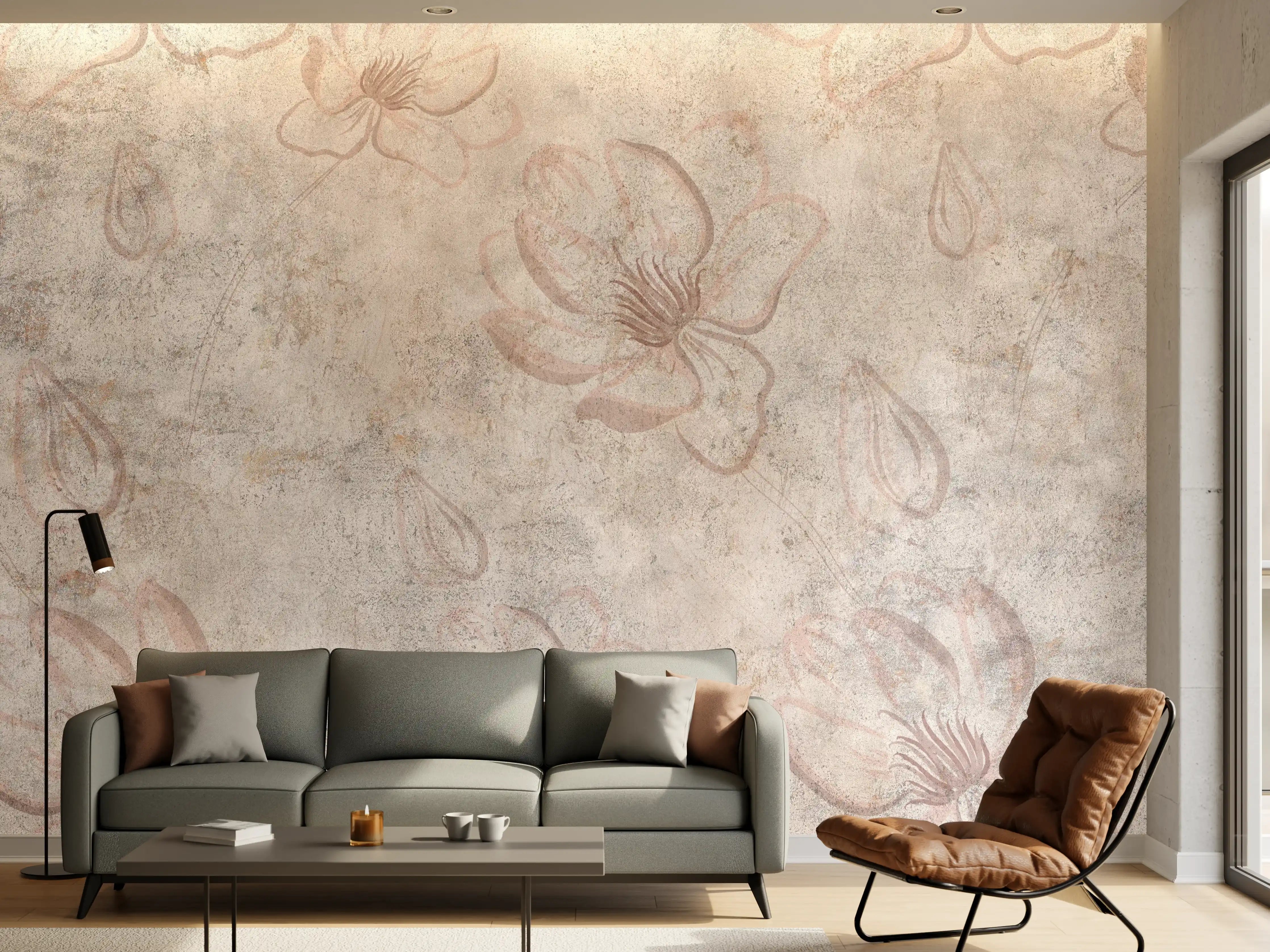 Wandverkleidung Wohnzimmer - Verwitterte blumenförmige Tapete