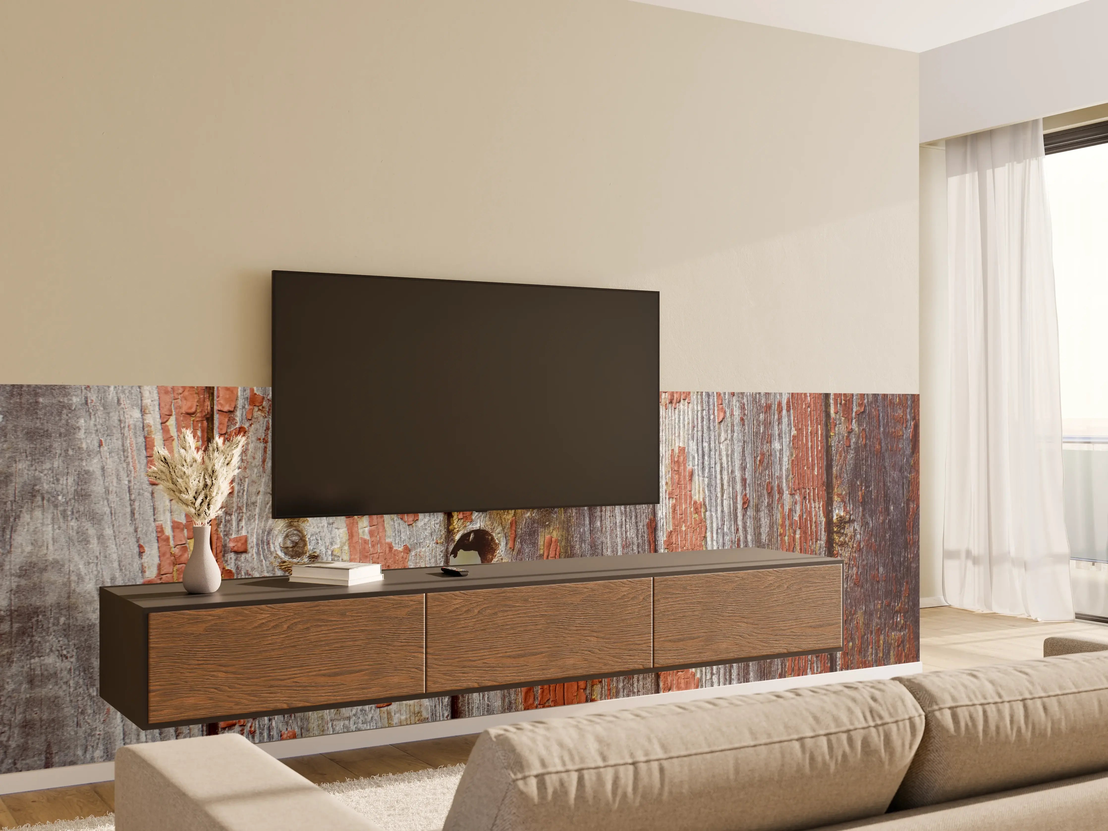 Wandverkleidung Wohnzimmer - Verwittertes Holz mit Rissen und Patina