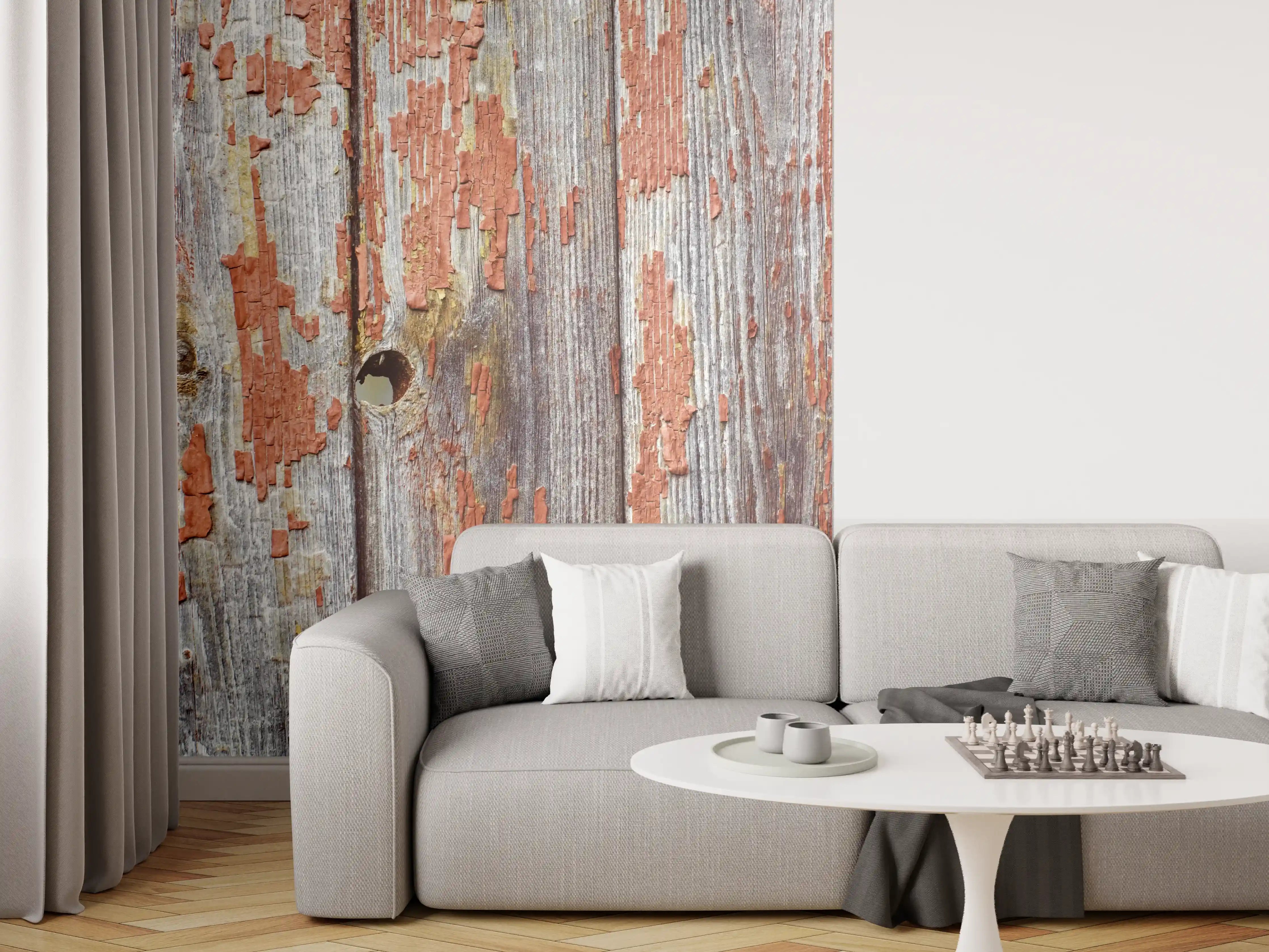 Wandverkleidung Wohnzimmer - Verwittertes Holz mit Rissen und Patina