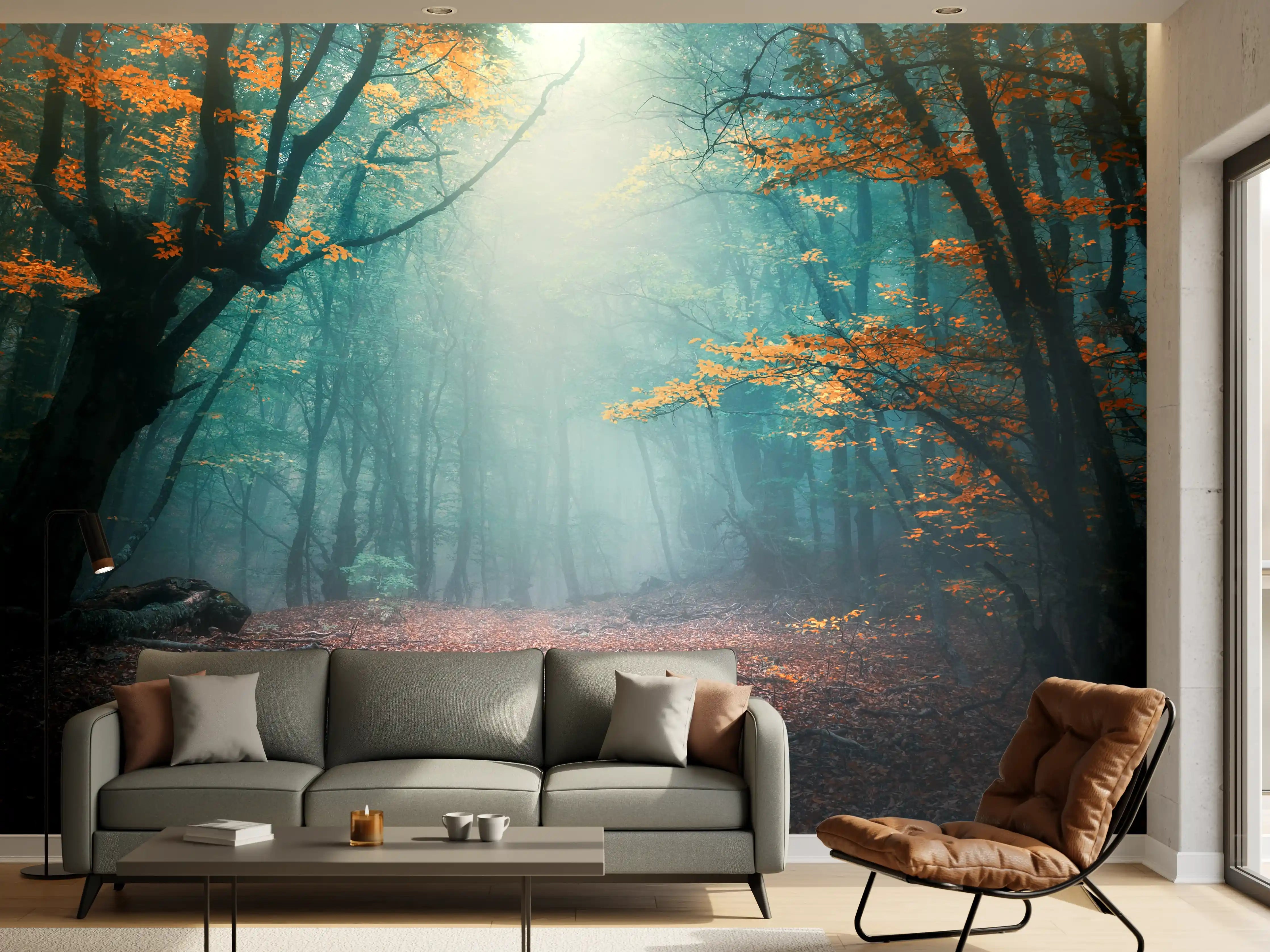Wandverkleidung Wohnzimmer - Verzaubernder Wald im Morgenlicht