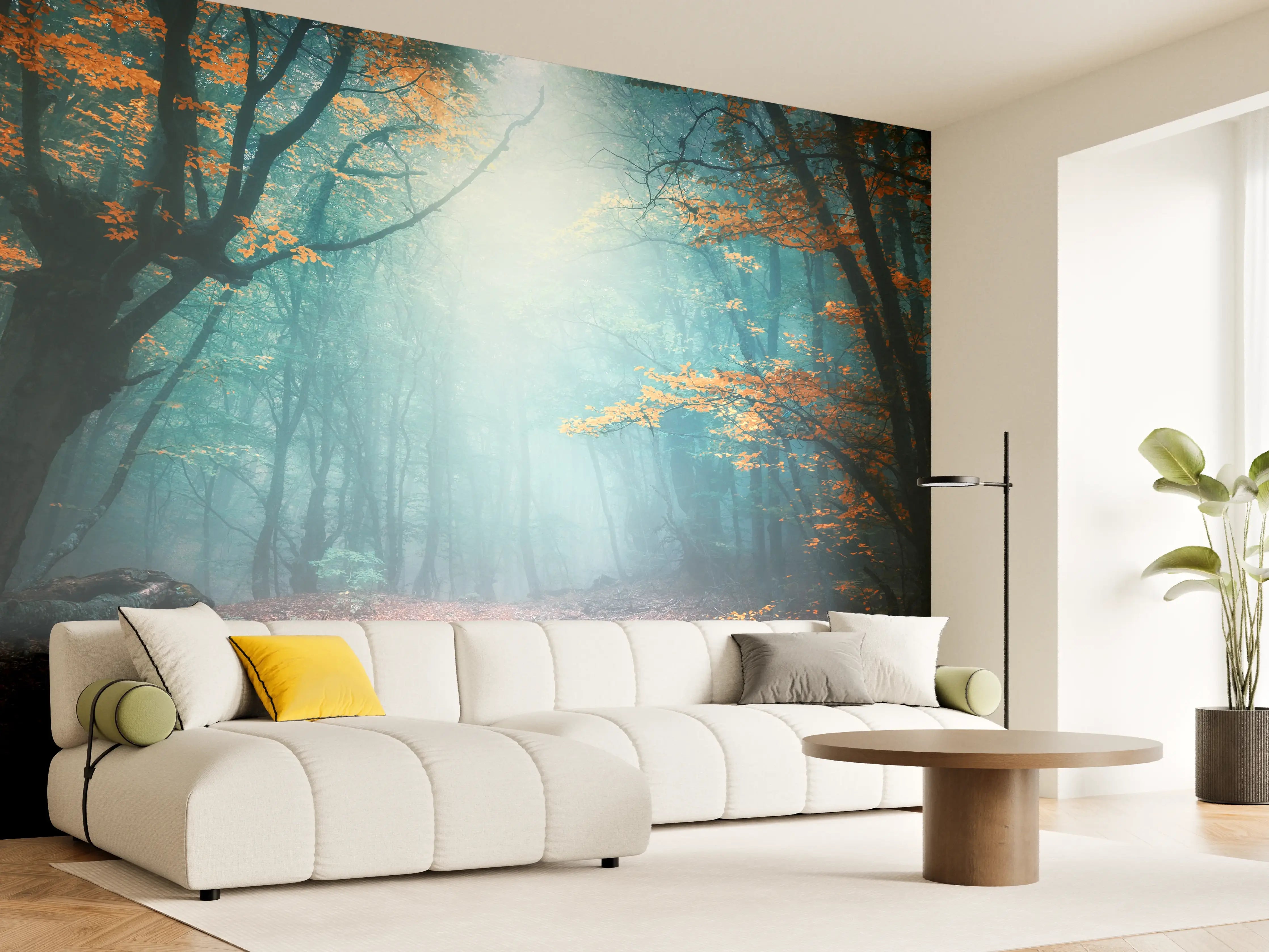 Wandverkleidung Wohnzimmer - Verzaubernder Wald im Morgenlicht