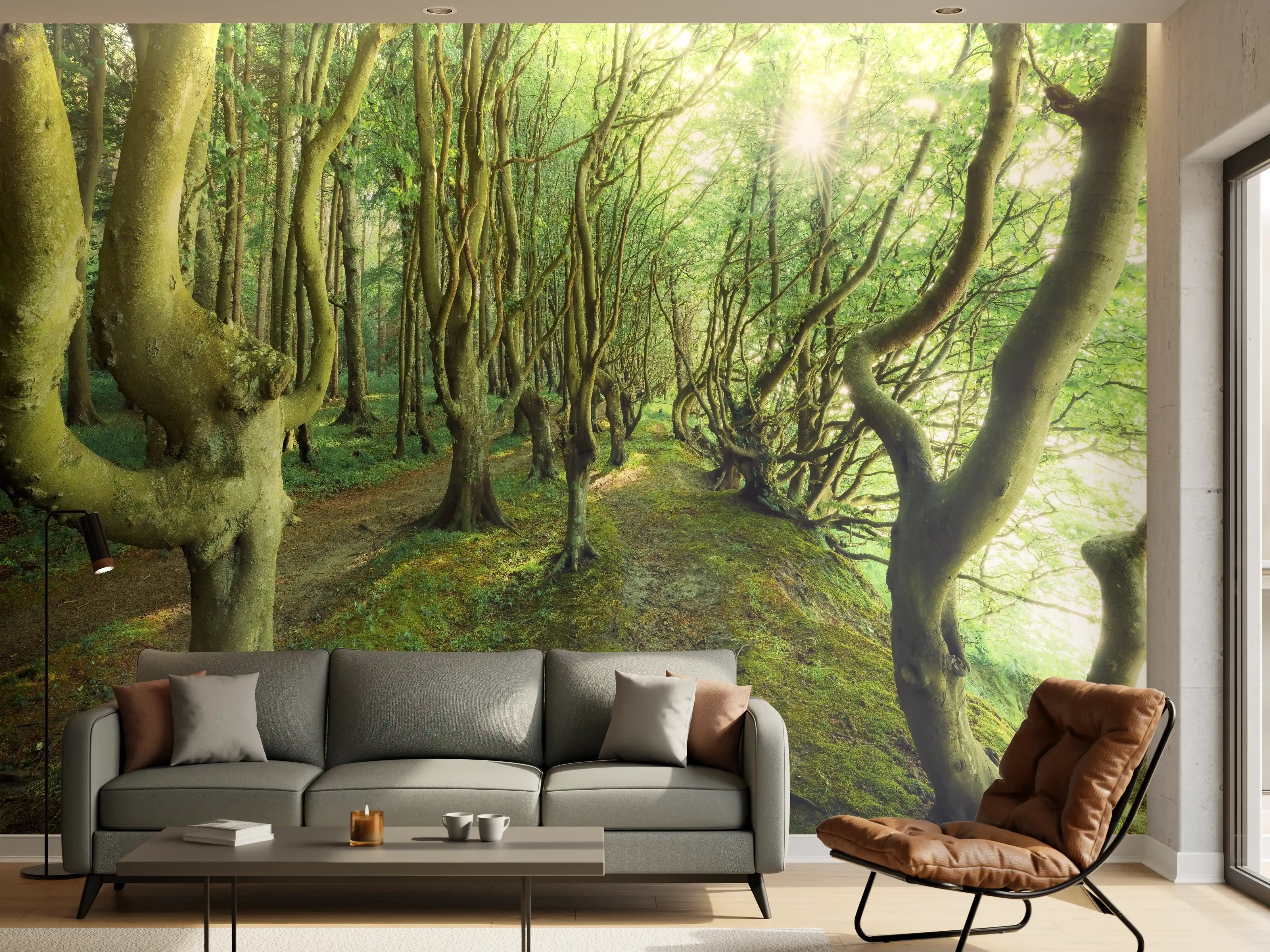 Wandverkleidung Wohnzimmer - Verzaubernder Wald im Sonnenlicht
