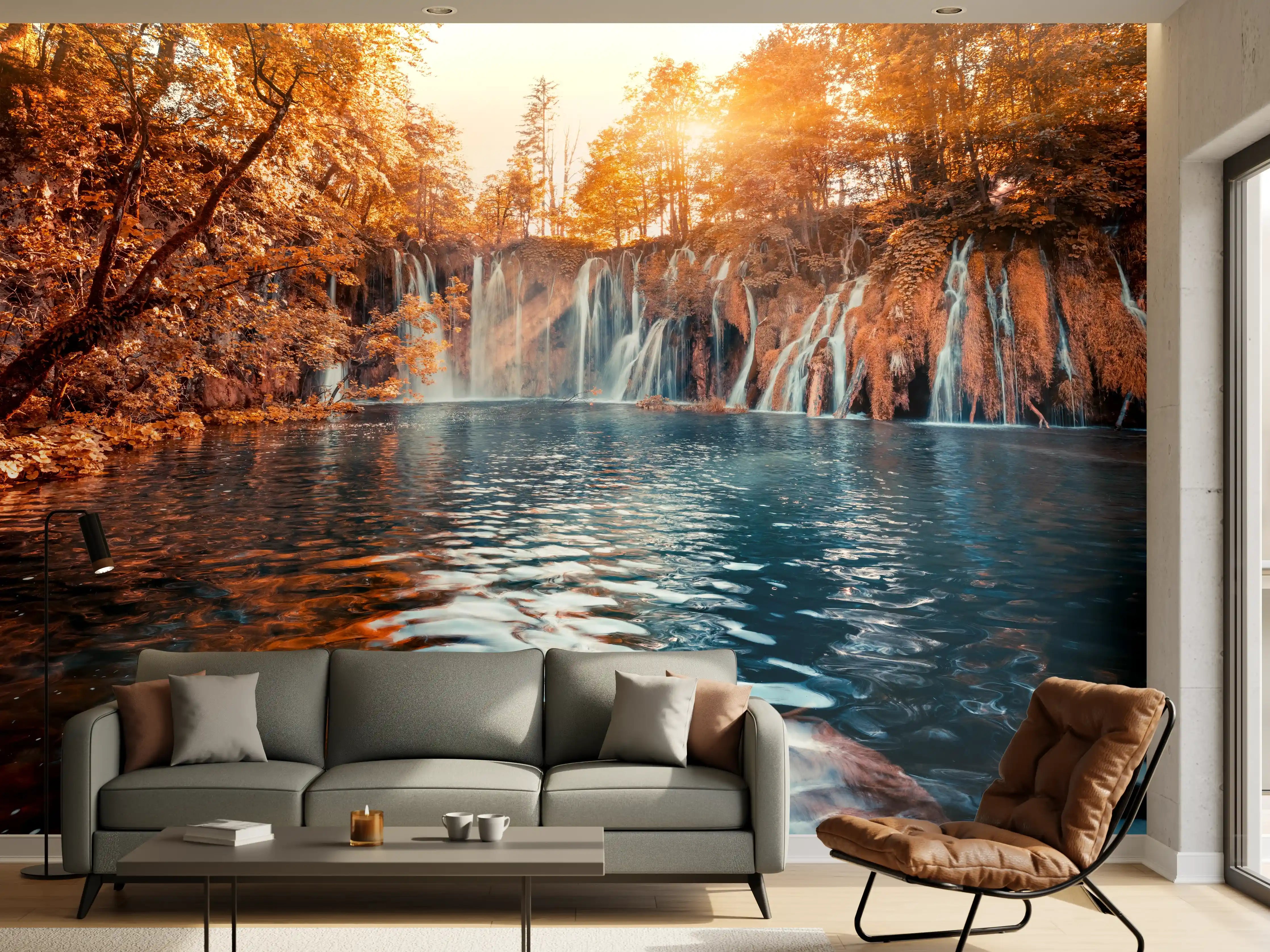 Wandverkleidung Wohnzimmer - Verzaubernder Wasserfall im Herbstlicht