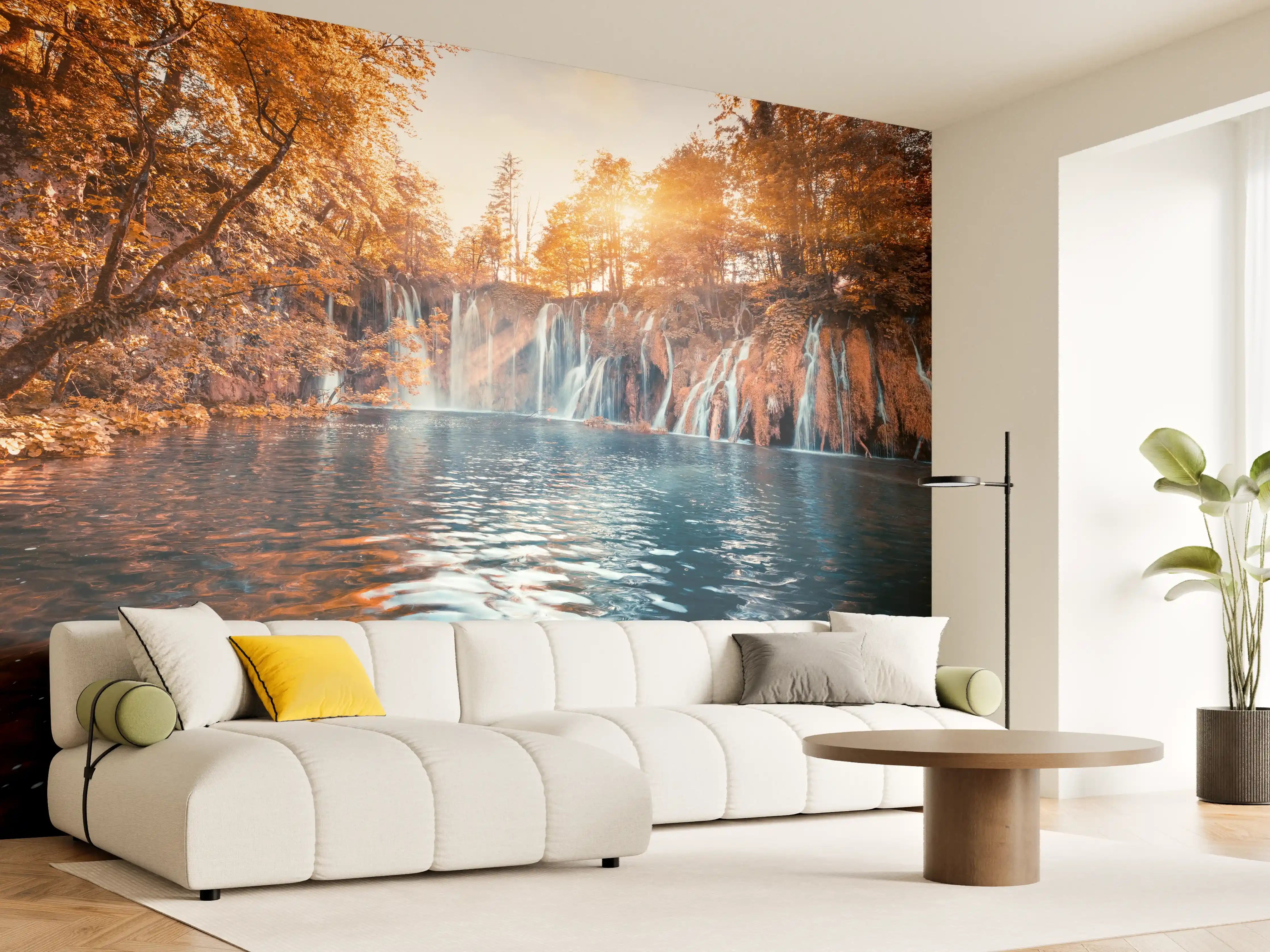 Wandverkleidung Wohnzimmer - Verzaubernder Wasserfall im Herbstlicht