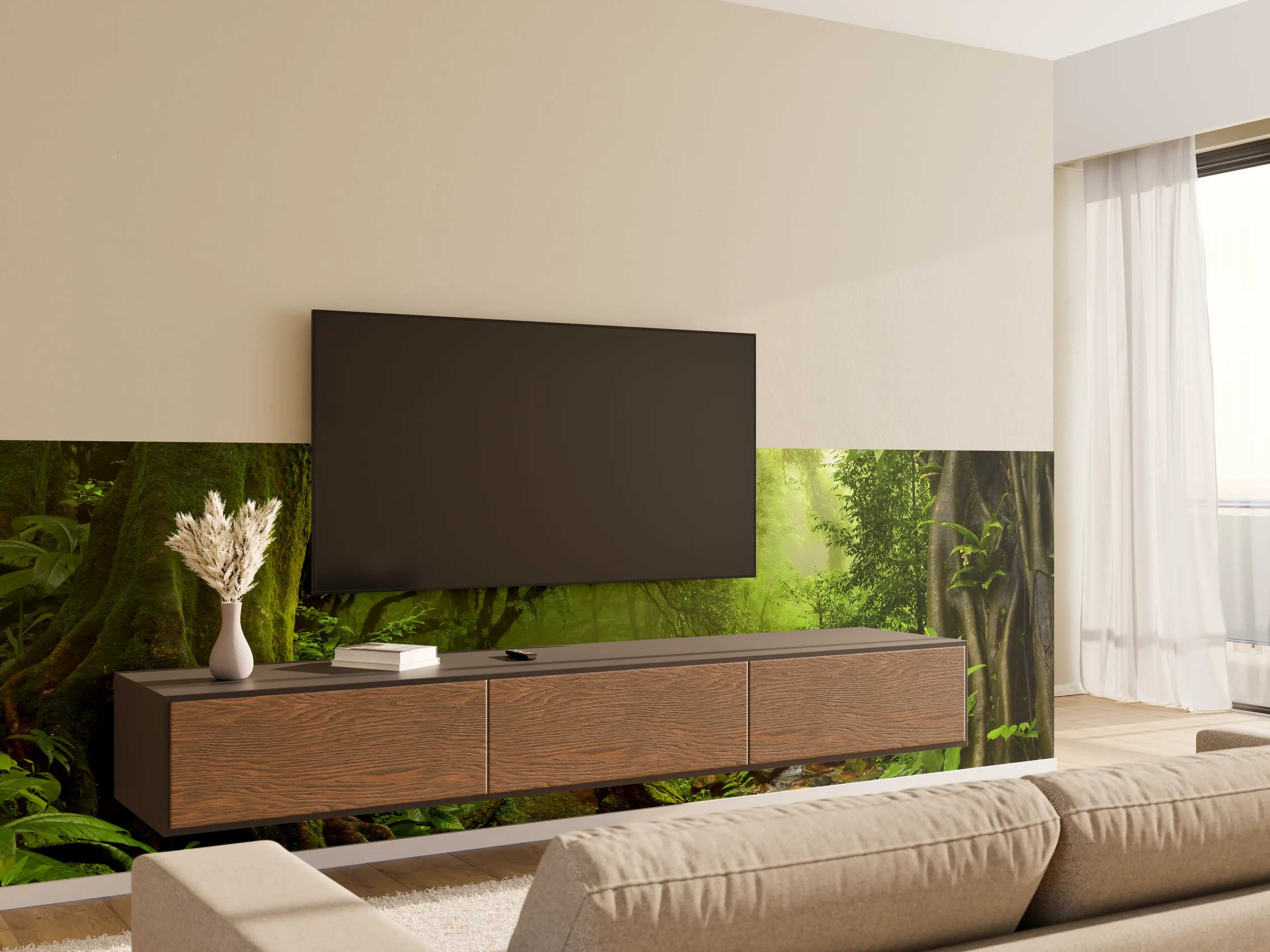 Wandverkleidung Wohnzimmer - Verzaubernder grüner Dschungelpfad