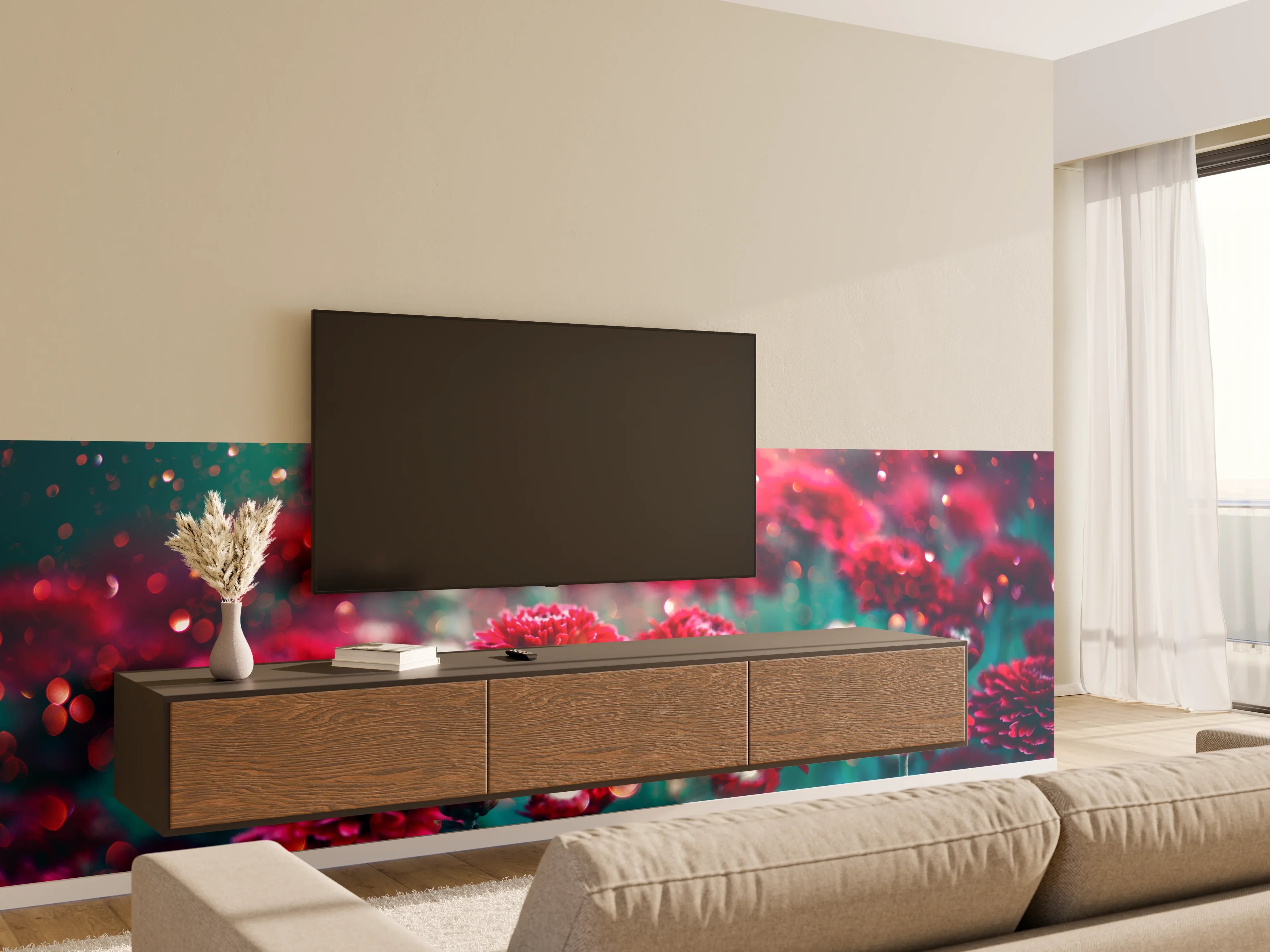 Wandverkleidung Wohnzimmer - Vibrante rote Blumen im Garten