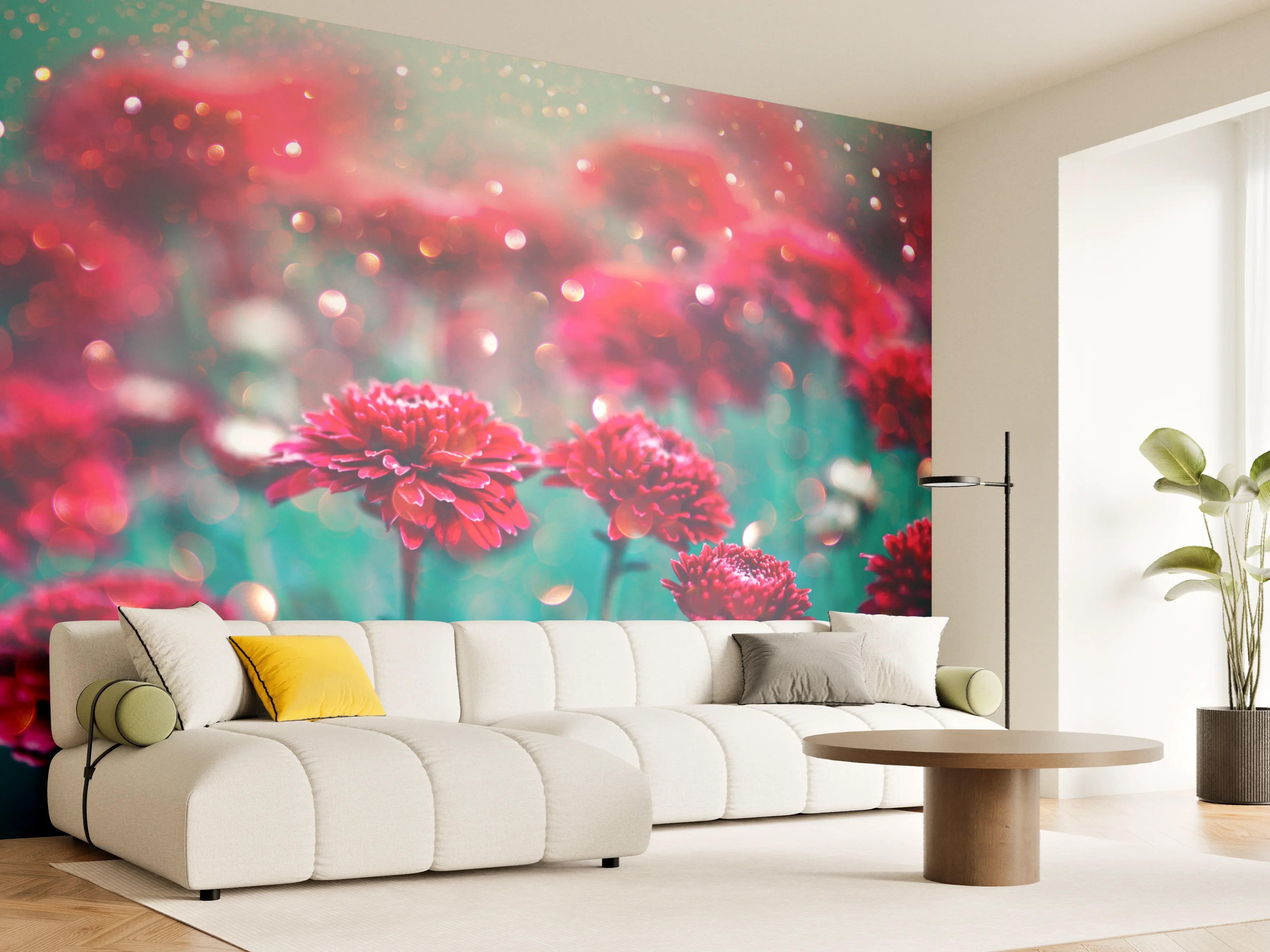Wandverkleidung Wohnzimmer - Vibrante rote Blumen im Garten