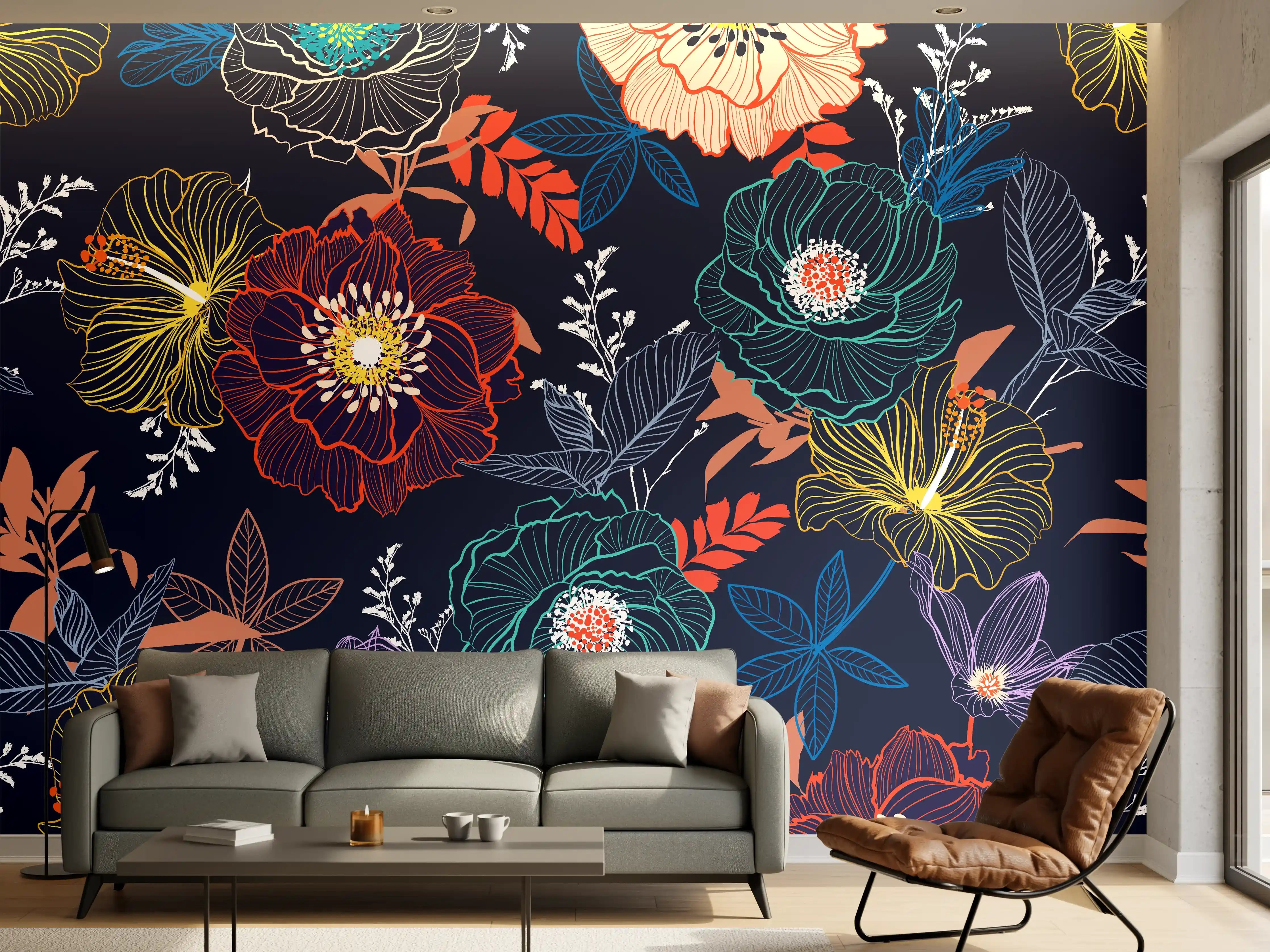 Wandverkleidung Wohnzimmer - Vibratives Blumendesign im Dunkeln