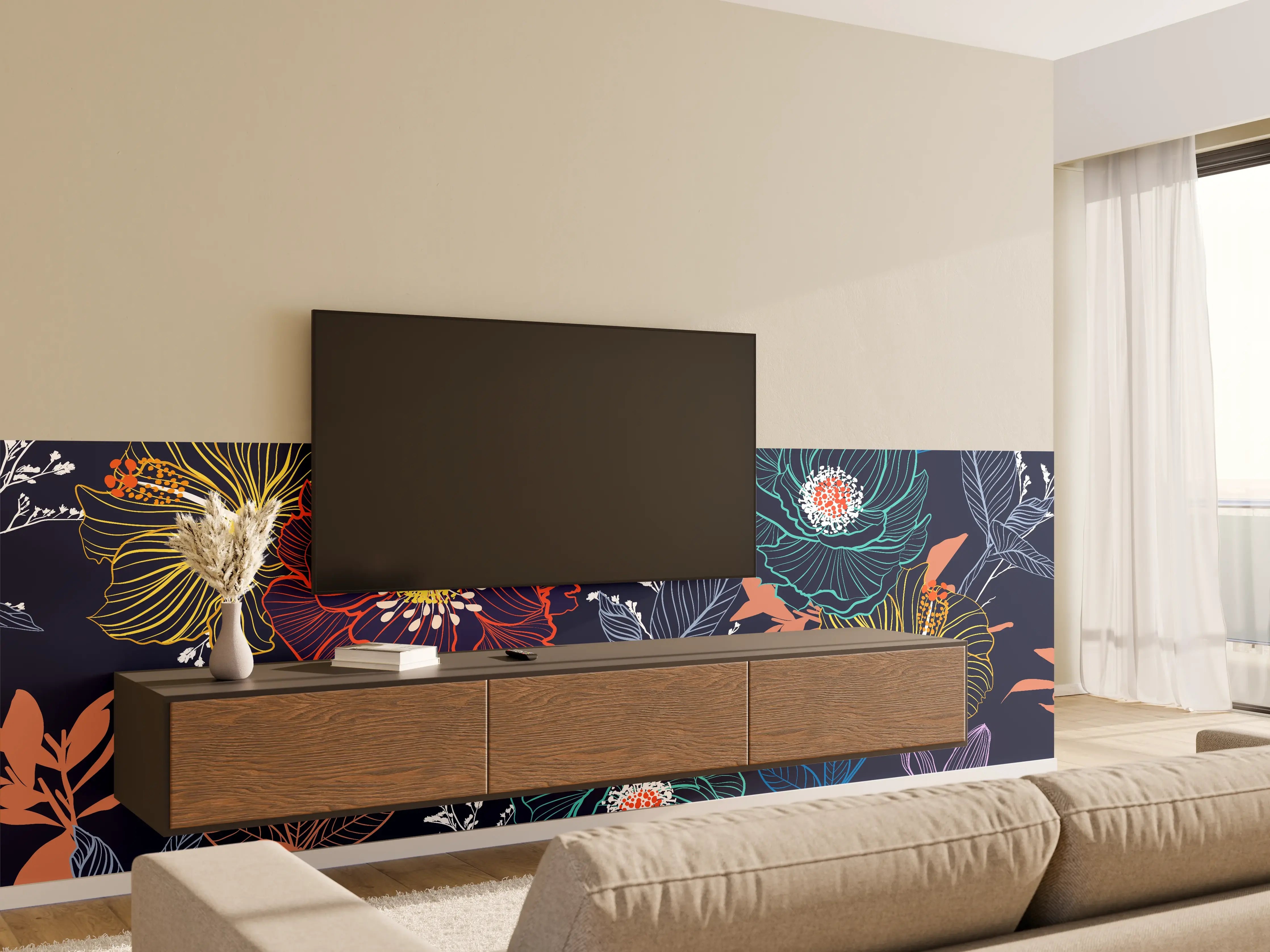 Wandverkleidung Wohnzimmer - Vibratives Blumendesign im Dunkeln