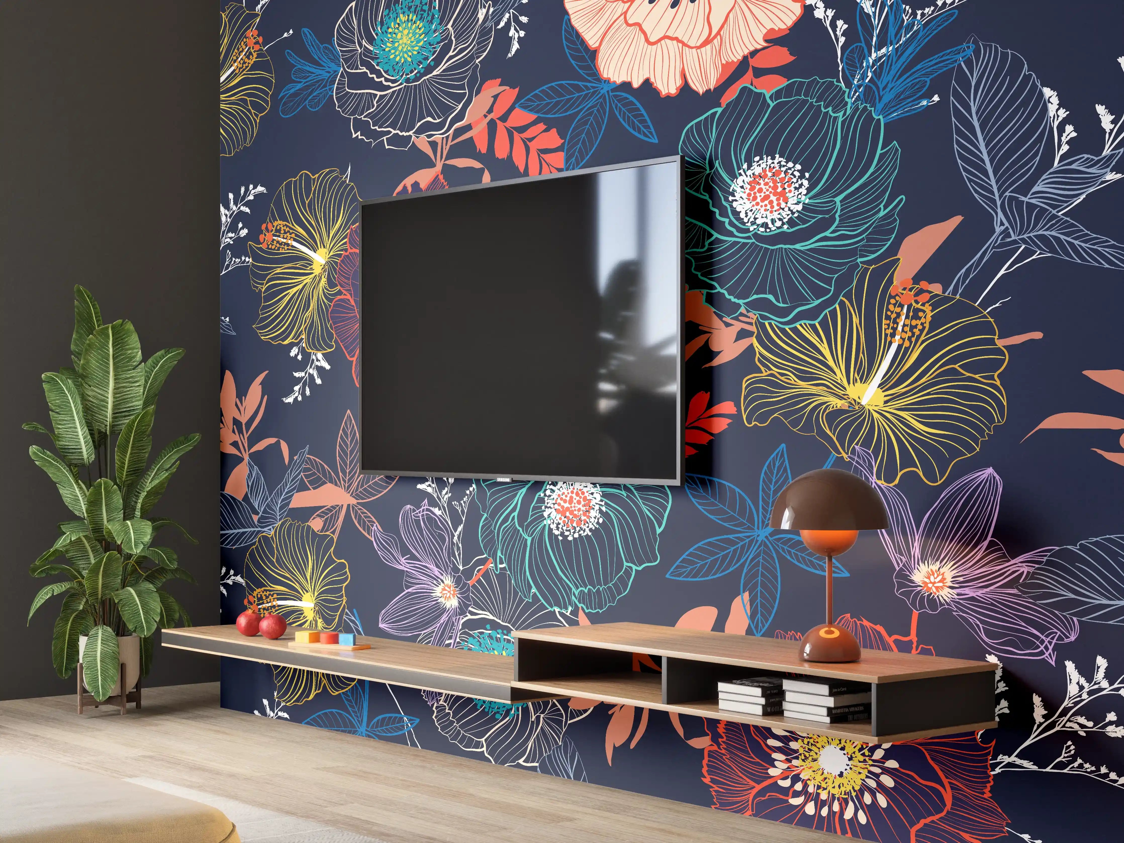 Wandverkleidung Wohnzimmer - Vibratives Blumendesign im Dunkeln
