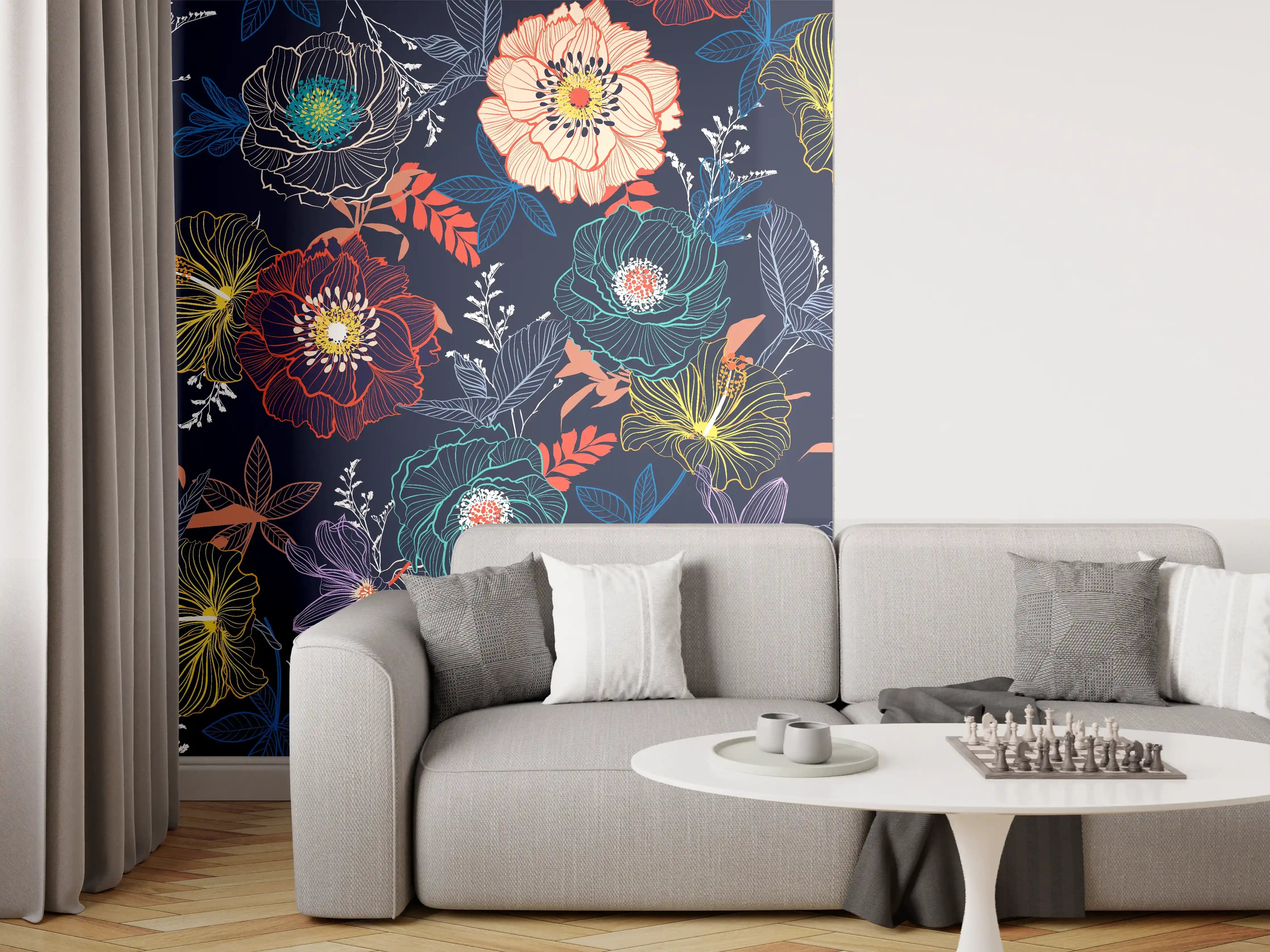 Wandverkleidung Wohnzimmer - Vibratives Blumendesign im Dunkeln