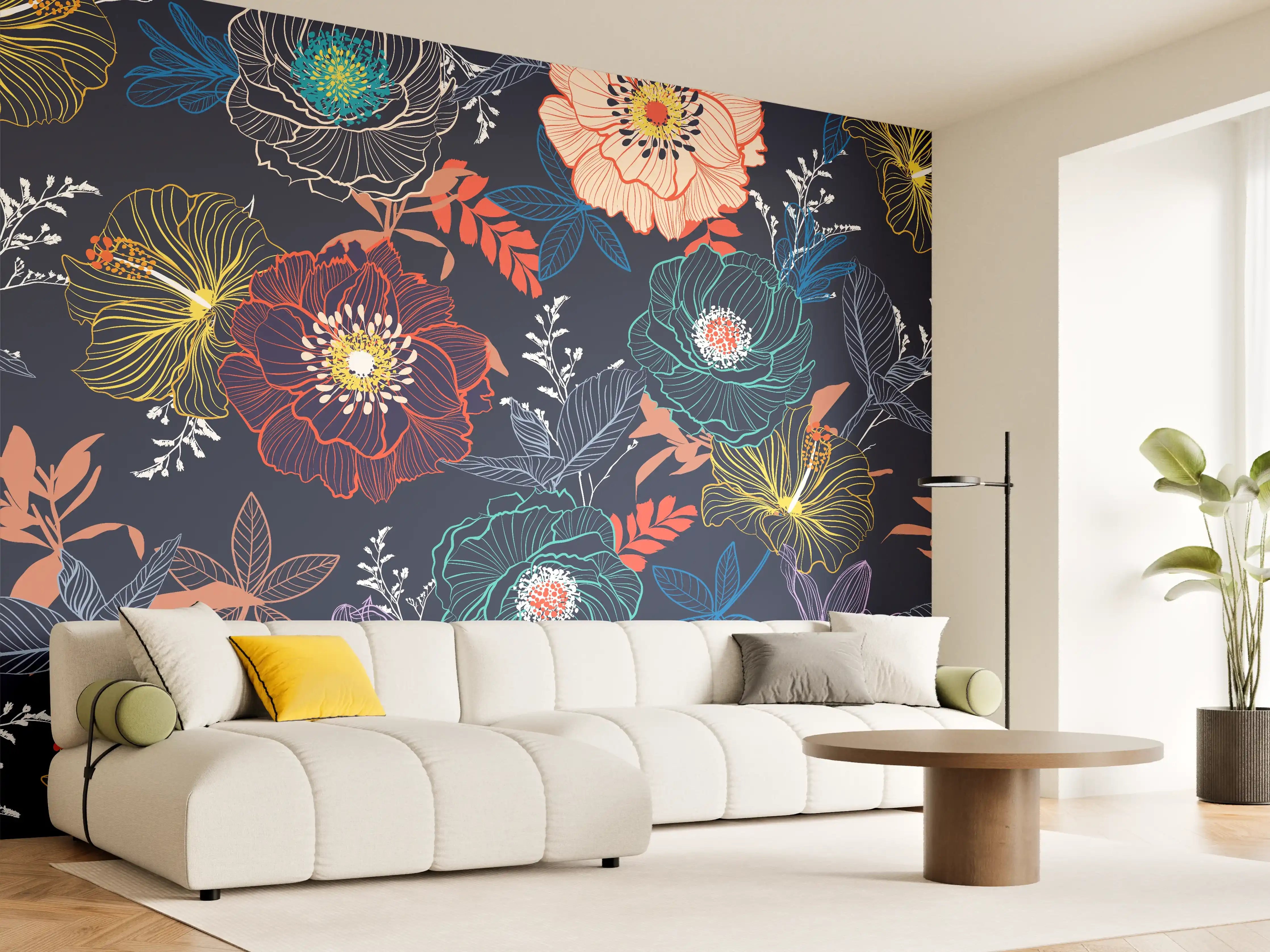Wandverkleidung Wohnzimmer - Vibratives Blumendesign im Dunkeln