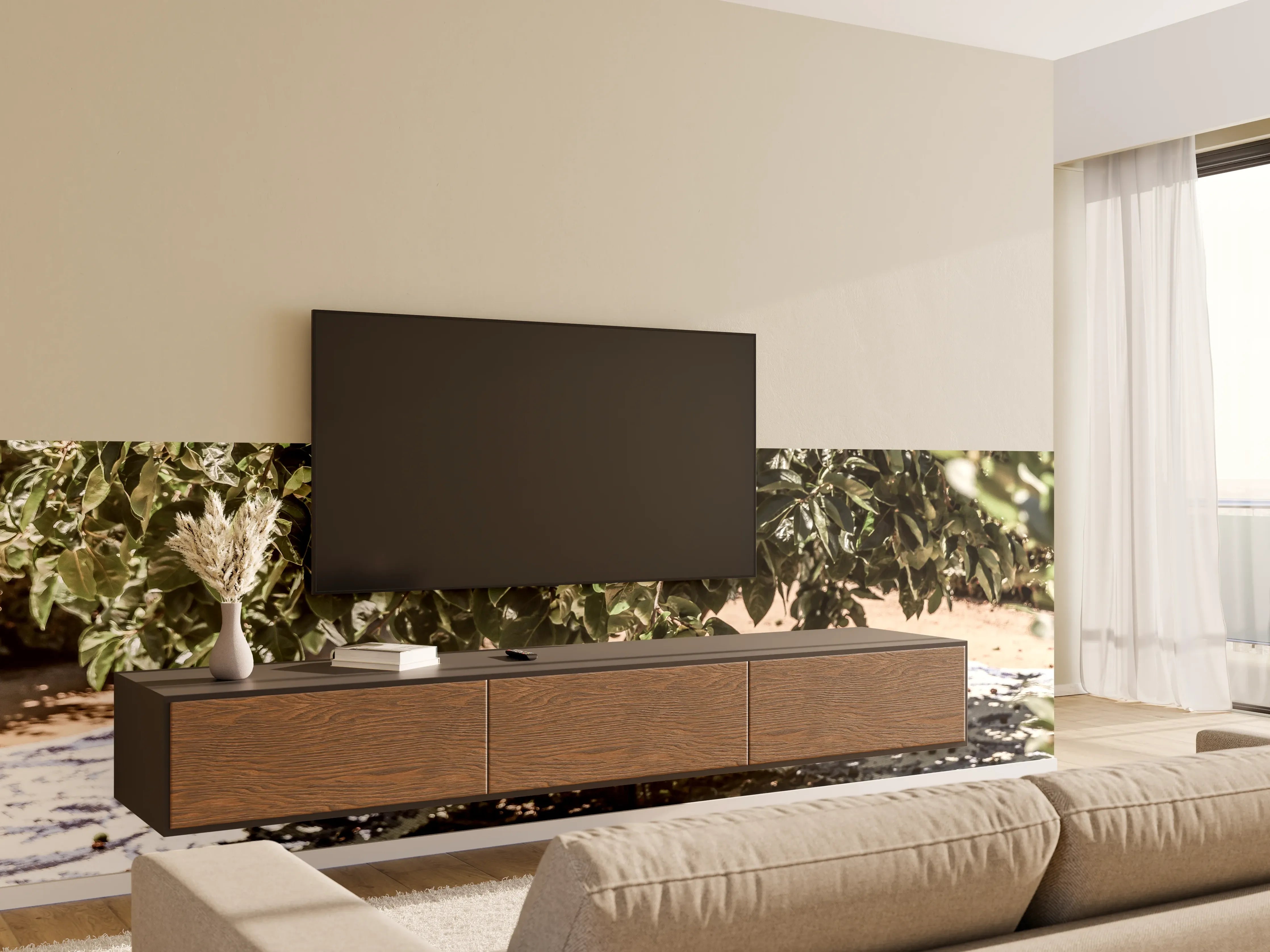 Wandverkleidung Wohnzimmer - Vielseitiges Baum-Motiv auf stilvollem Teppich